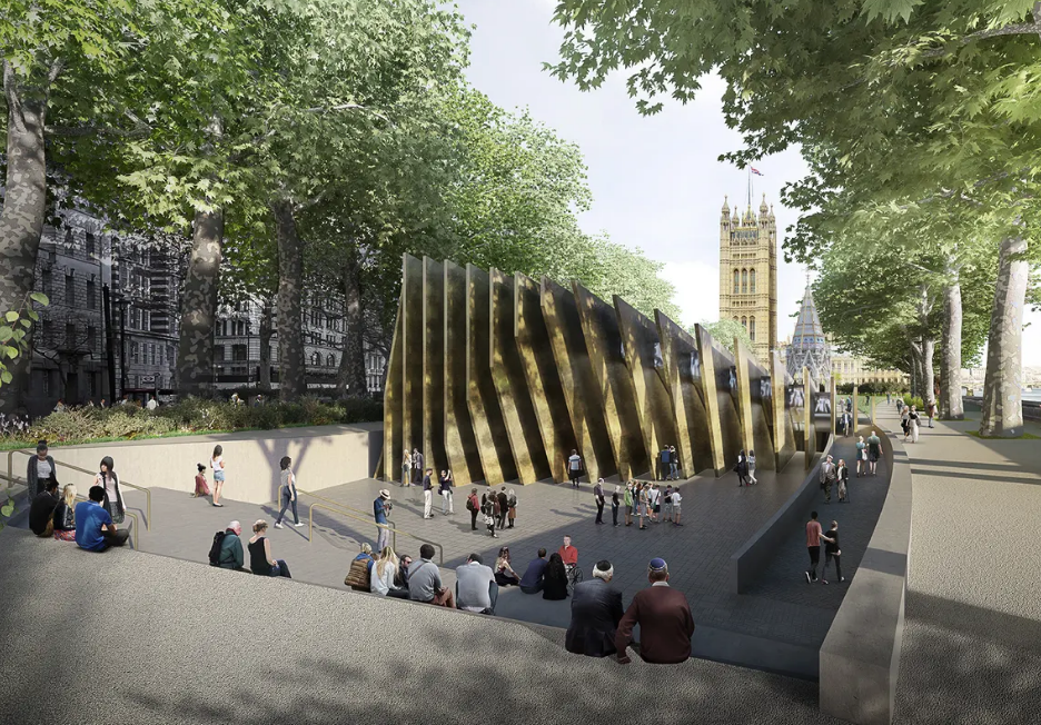 Rendering of the proposed UK National Holocaust Memorial. They are tall, thin stone slats that beging to tilt as if they were dominoes.