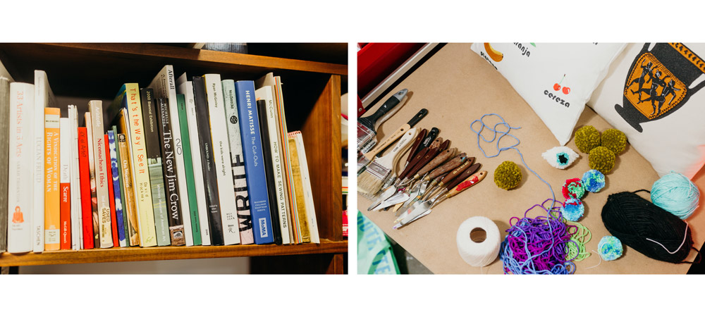 Two images. One is a closeup of a bookcase. The other is a workspace on a desk with coloful yarn and paint mixing tools. 