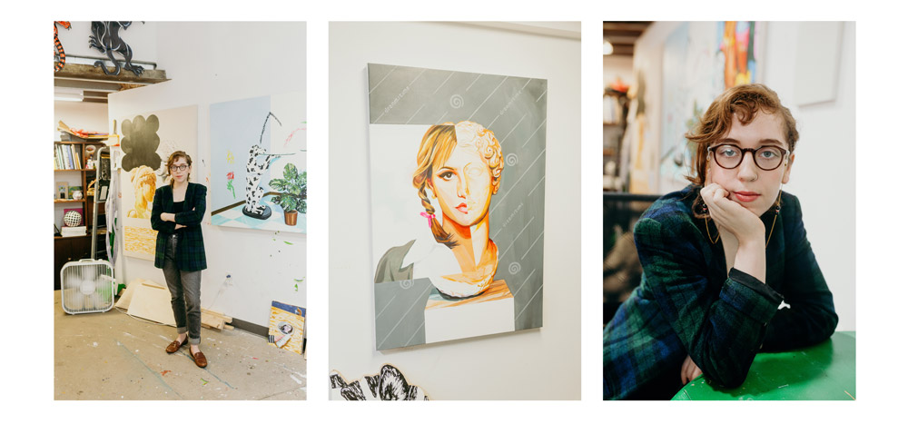 Three images. The first, Sierra stands against two paintings in a studio space. The second is a painting of Half of Britney Spears' face merged with an ancient greek bust. The third is sierra leaning against a desk looking into the camera. 