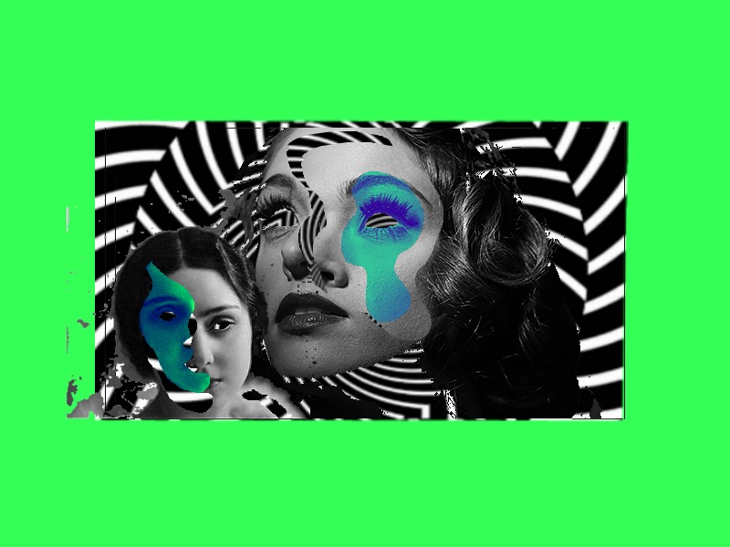 Digital collage against a lime green background. A womans face is cut out and superimposed against a black and white spiral pattern. 