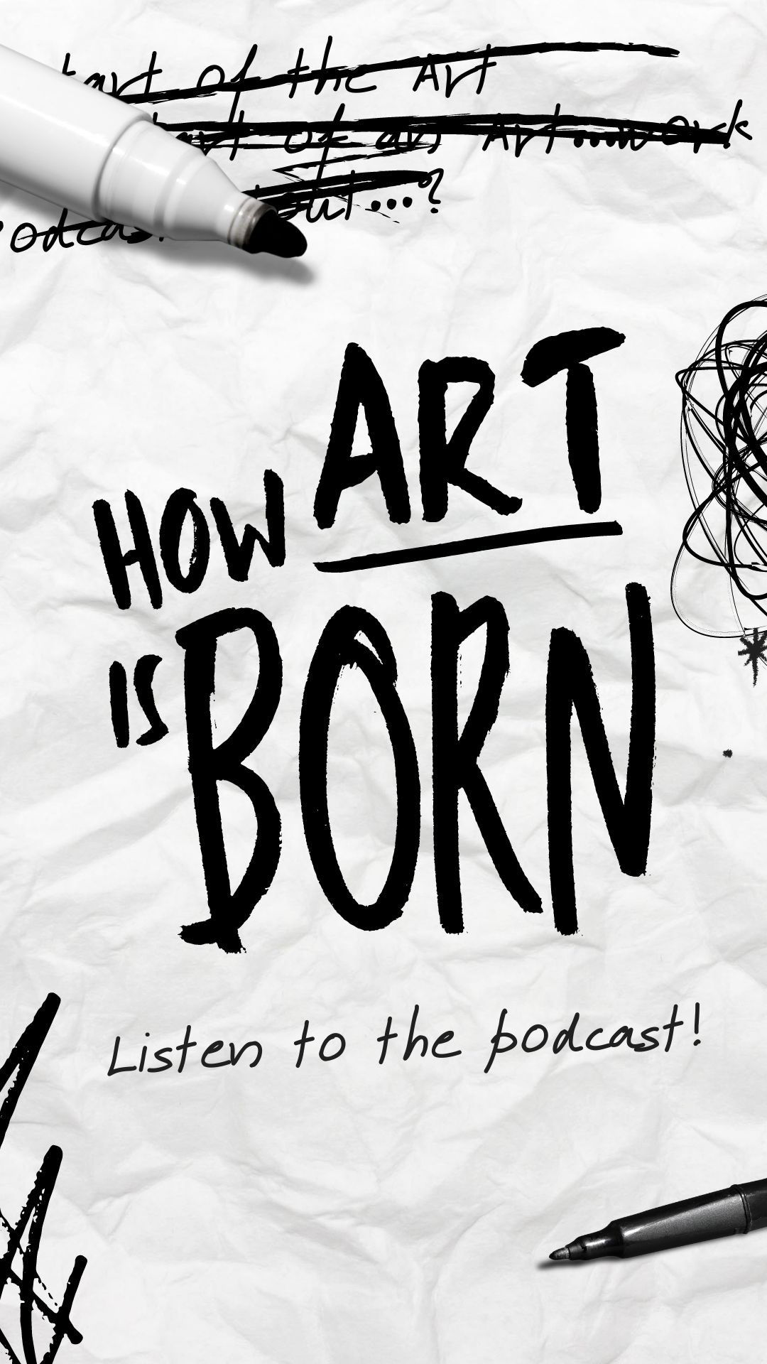 Graphic featuring white crumpled up paper and text that reads, "How Art is Born"