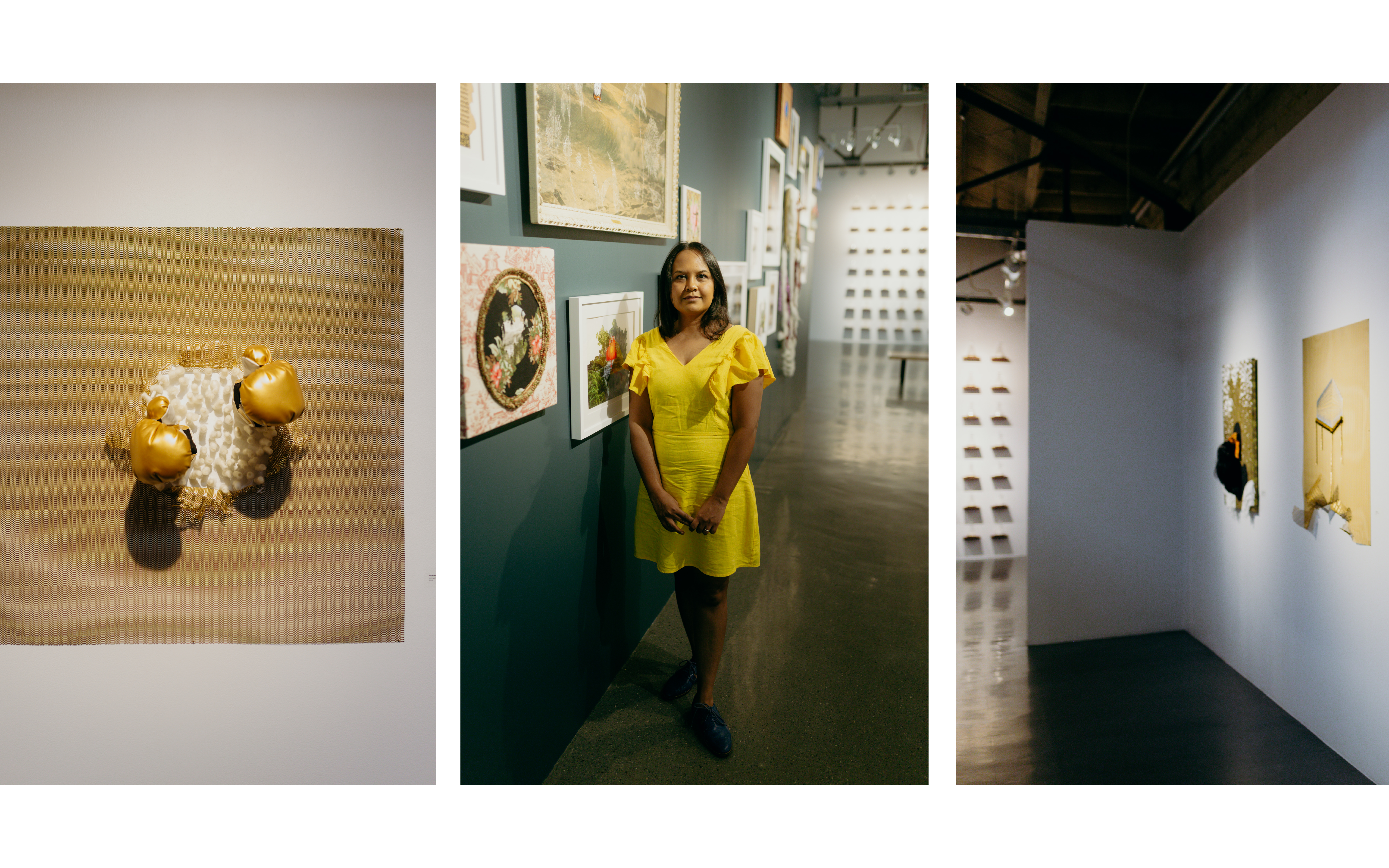 Suchitra poses in front of various artworks in an indoor gallery space. 