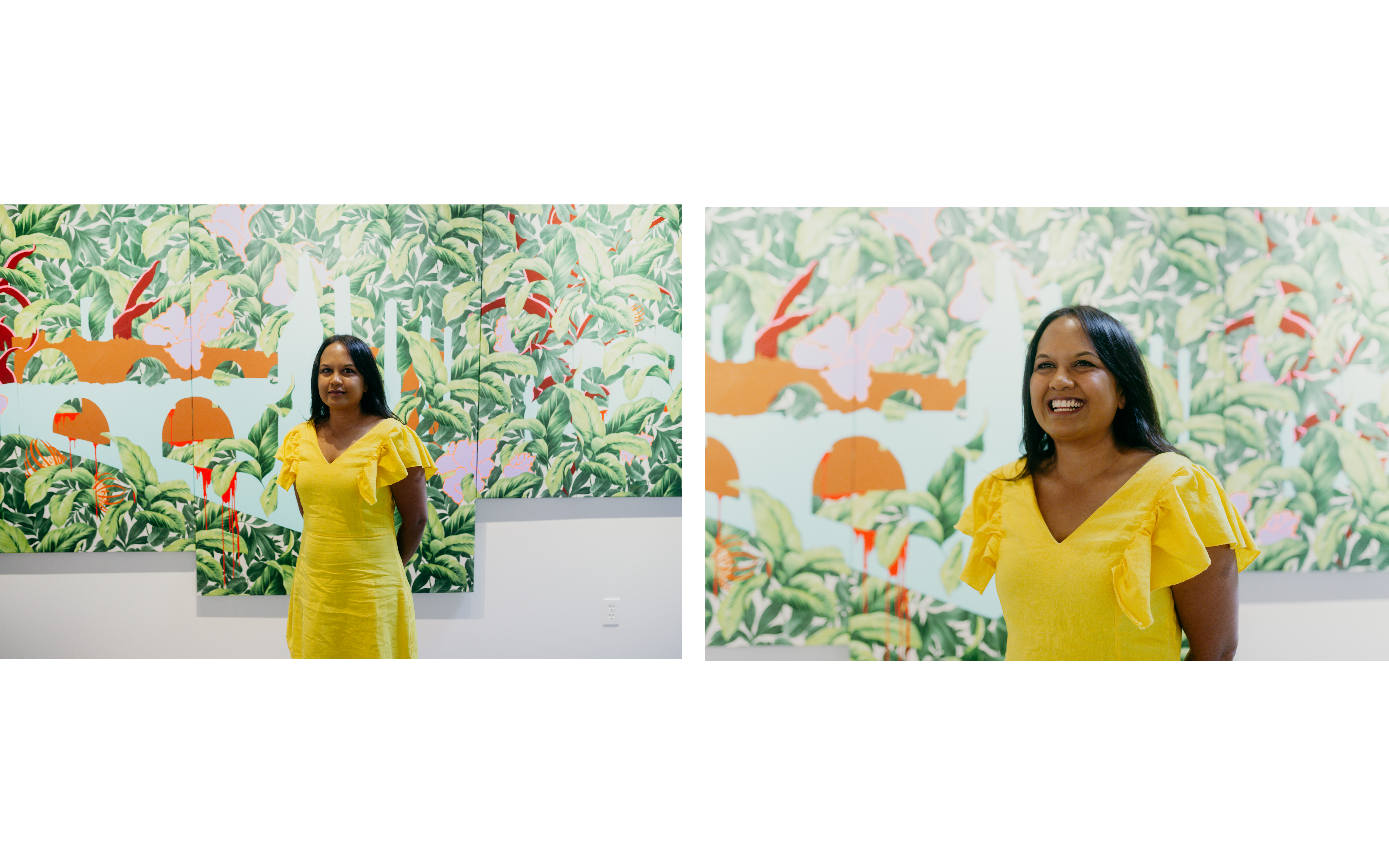 Suchitra poses in front of a large three paneled painting. She is smiling brightly in a yellow dress.