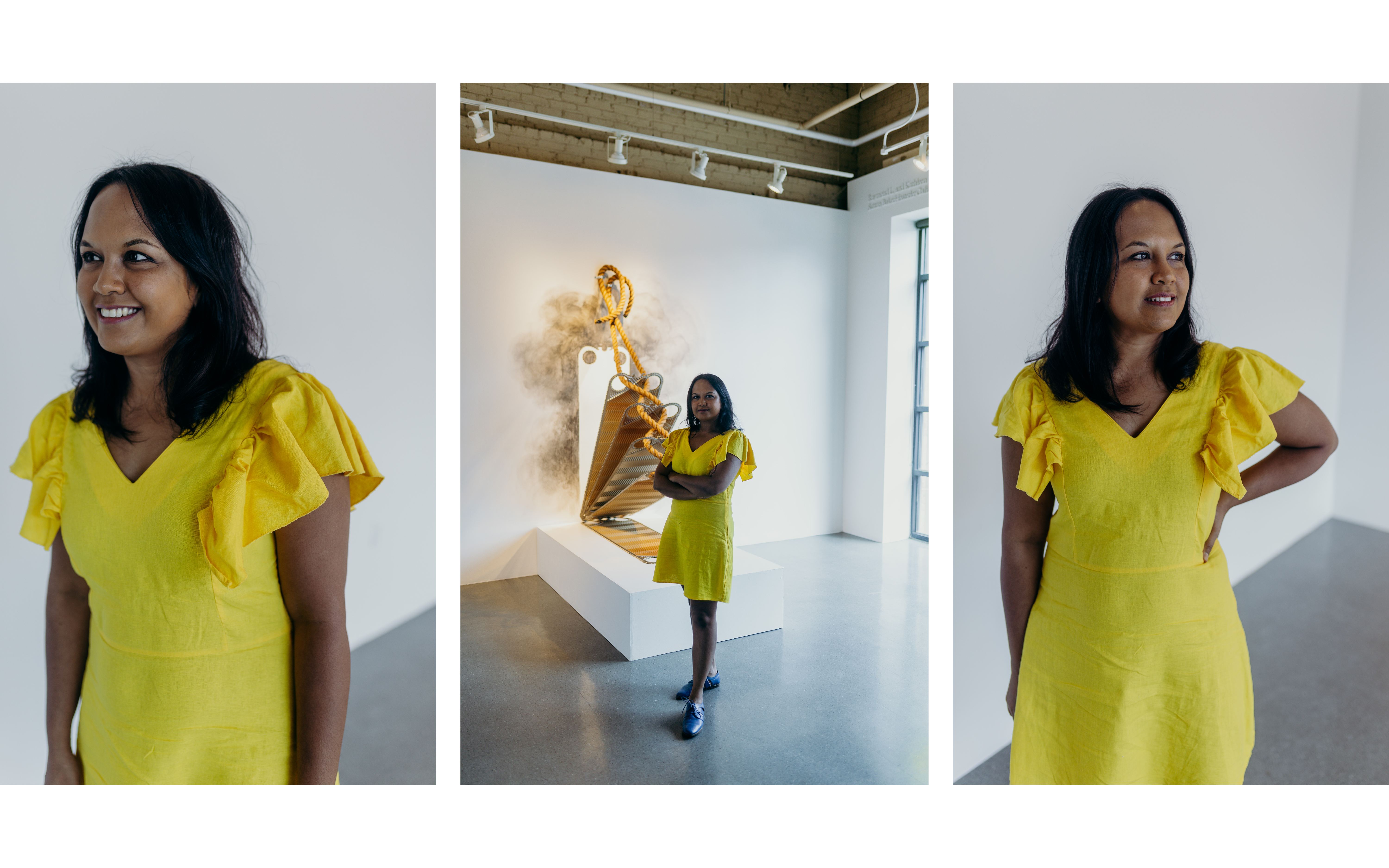 A three paneled photograph of Suchitra smiling in a yellow dress against blank white gallery walls. 
