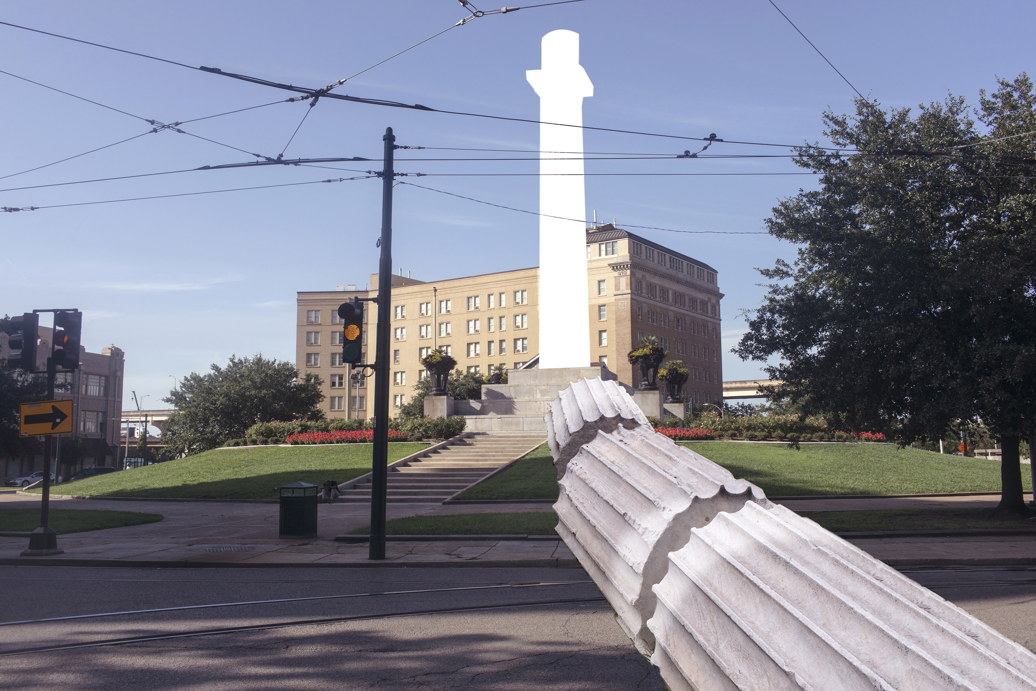 Dread Scott, The Legacy of Slavery Is in the Way of Progress and Will Be Until America,  Which Benefits From That Legacy, Has Been Replaced With a Completely Different  Society, proposal sketch, 2018. Digital photo collage. A white column lies fallen and broken in three pieces outdoors. In its place is a white space in the shape of the fallen column. 