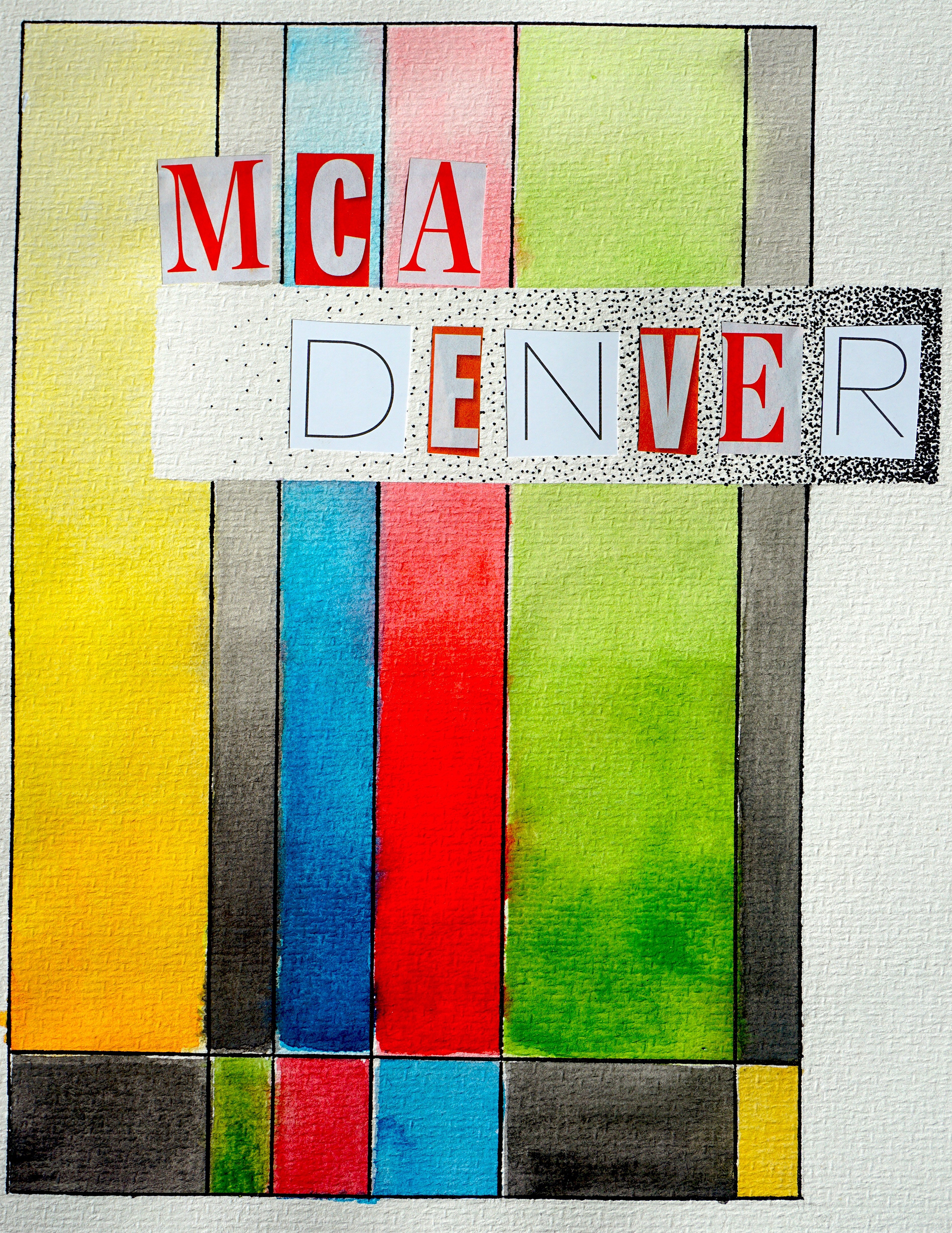 A colorful and bright abstract design created by a linoleum ink block. The text “MCA Denver” is collaged on top of the design. 