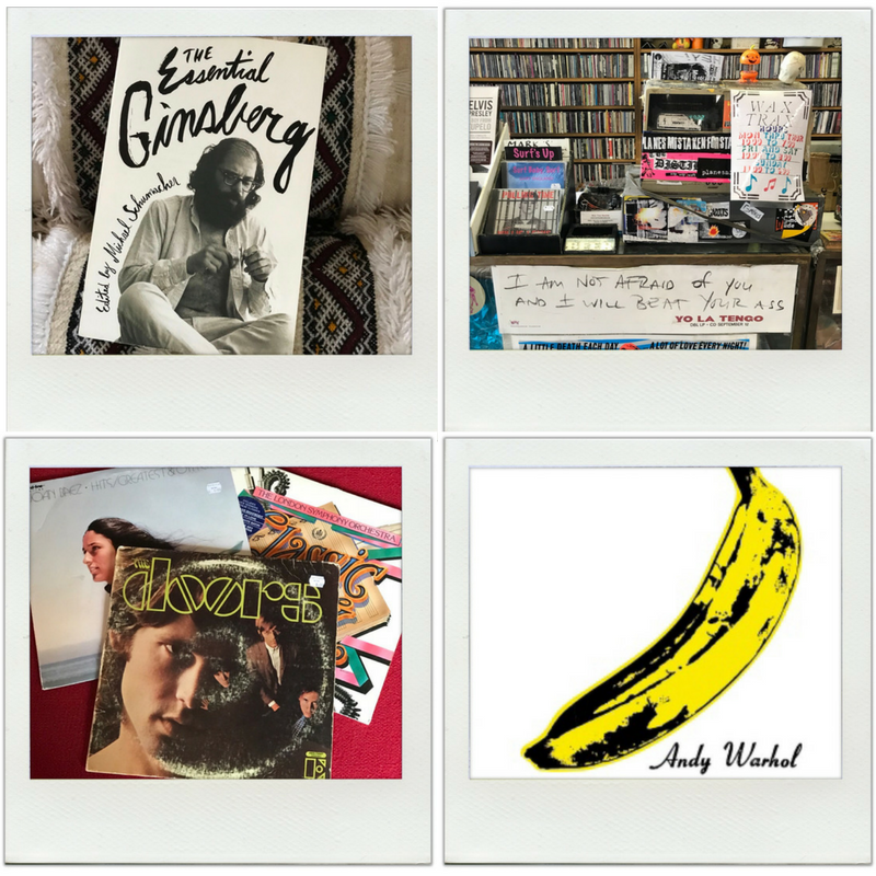 Vinyls. One is the Doors. Another is a yellow banana with the text Andy Warhol. A book titled The Essential Ginsberg. 