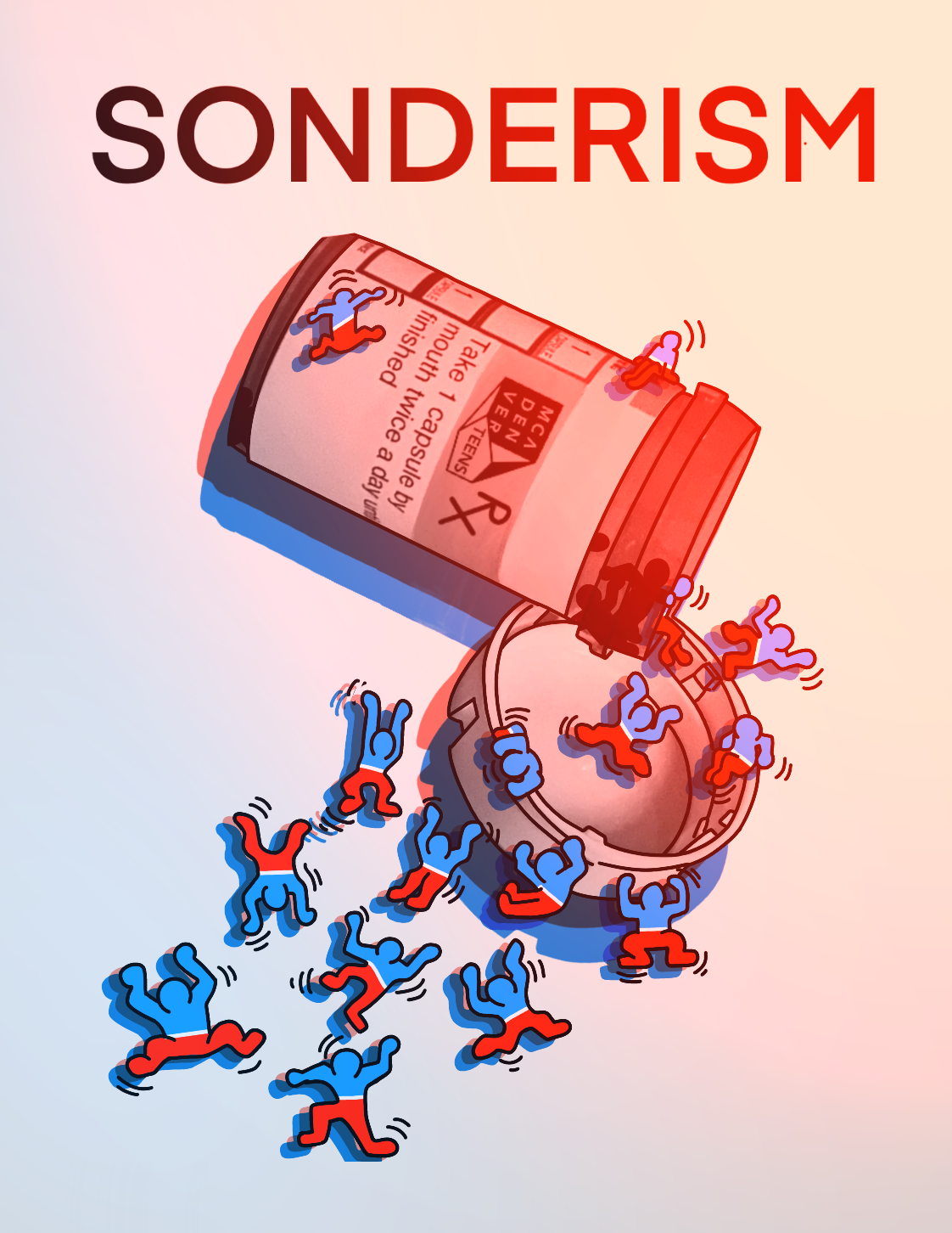 Artwork of blue and red people in the style of Keith Haring spill out of a prescription bottle. The word SONDERISM acts as a title in large red letters.