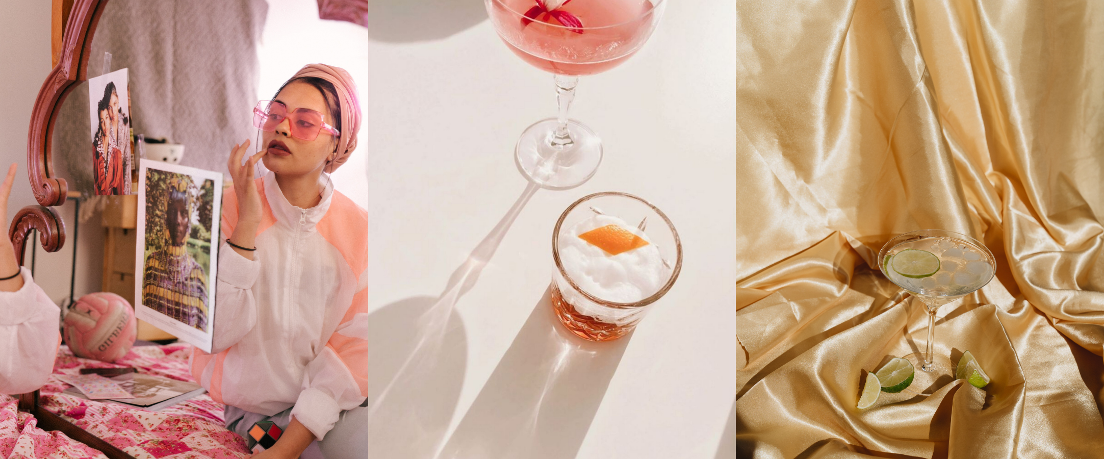 Image is of three different images the first a young woman in a pink bedroom, wearing pink sunglasses, applying pink lipstick. The second is a pink cocktail in a coup glass against a white background. The third a cocktail against a gold backdrop with limes.