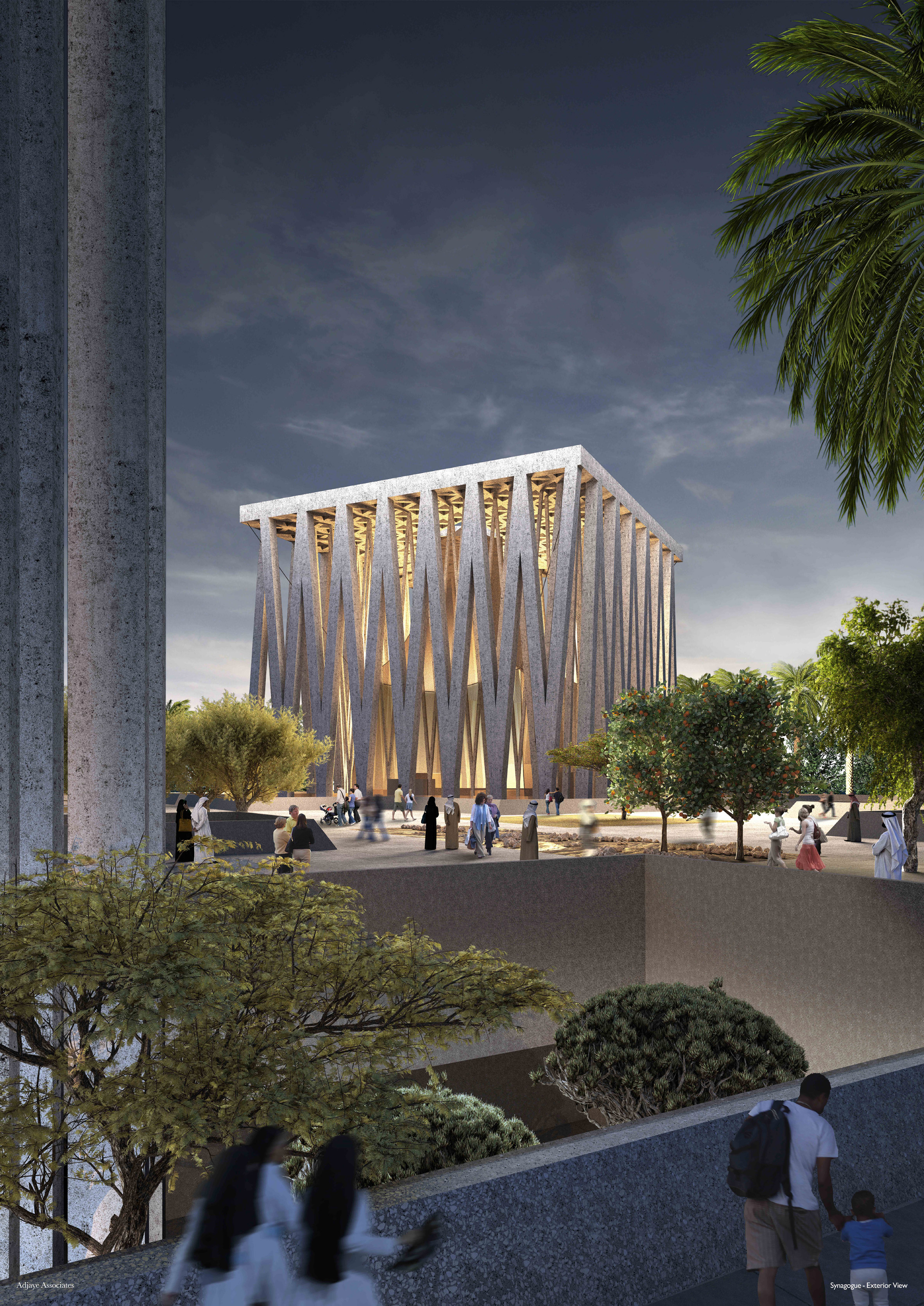 Rendering of Abrahamic Family House in Abu Dhabi. It is a large grey building with a flat roof and supporting column in v shape wrap the exterior. 