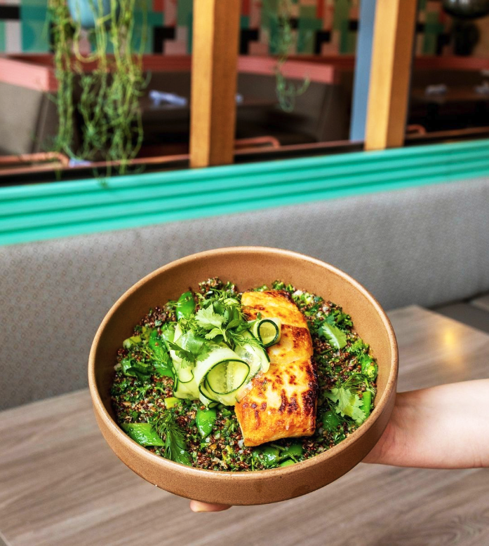 Chef Reggie has brought the 🔥 🔥 🔥 with Ash'Kara's Spring Menu! This is the Pan Seared Halibut, served with Bulgar wheat & quinoa tabbouleh salad, asparagus, snap peas and cucumber.