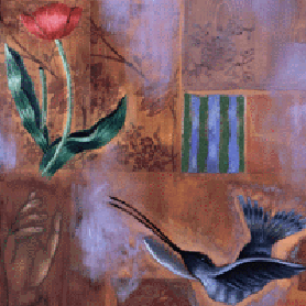 brown paneled photo with a hummingbird in the bottom right corner, a painted hand in the right corner, a painted rose in the upper right