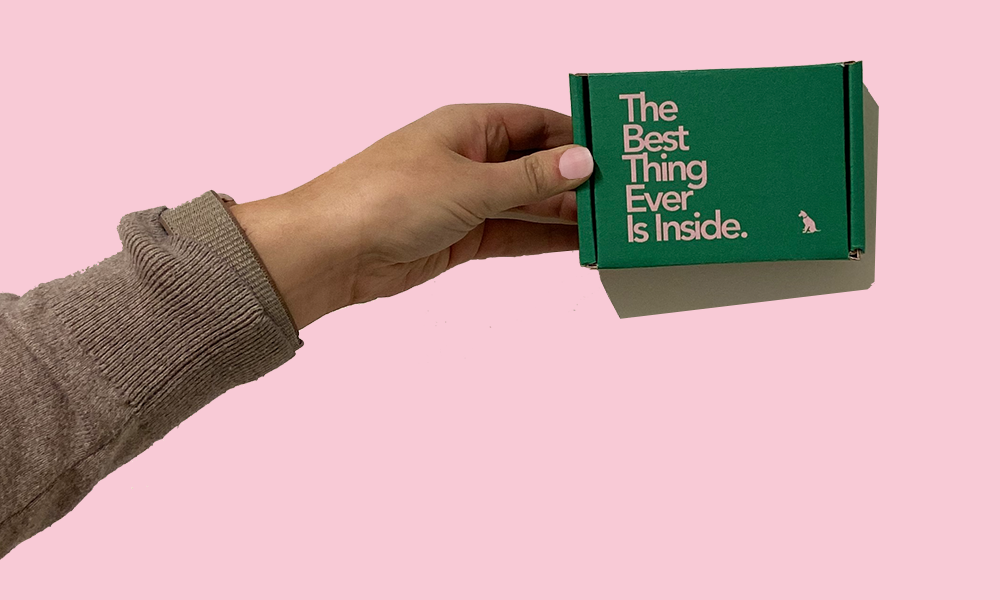 A hand is holding a small green cardboard box reading “The best thing ever is inside” against a soft pink background. 