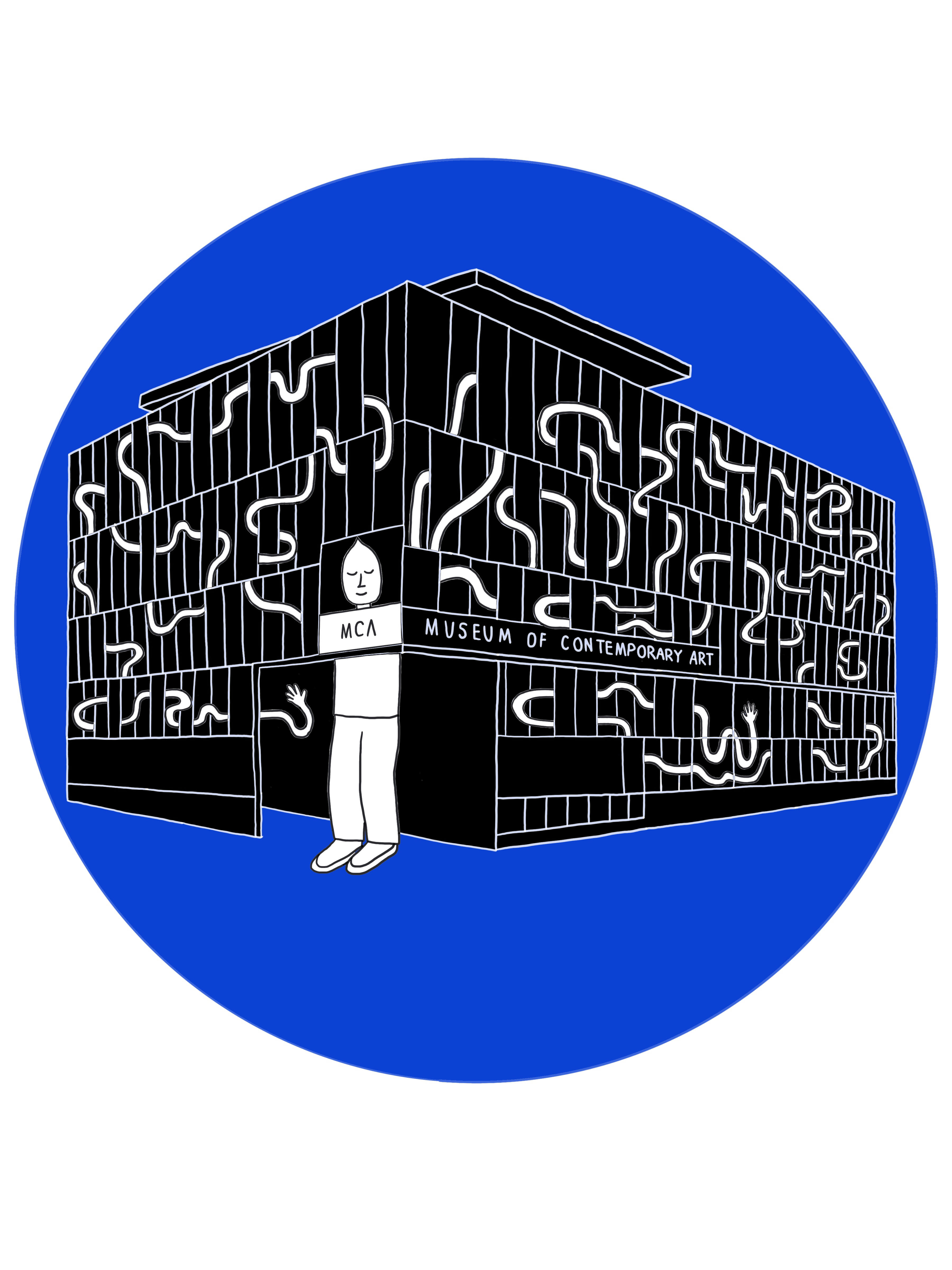  A rendering of the MCA Denver building with a cartoon character, whose arms are weaving in and out of the museum to symbolize exploration. His head is facing out of the window and his eyes are closed. The design is place inside a blue circle. 