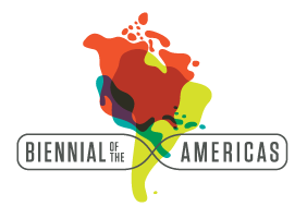 Graphic of south america in red and yellow. The text "Biennial of the americas" is visible.