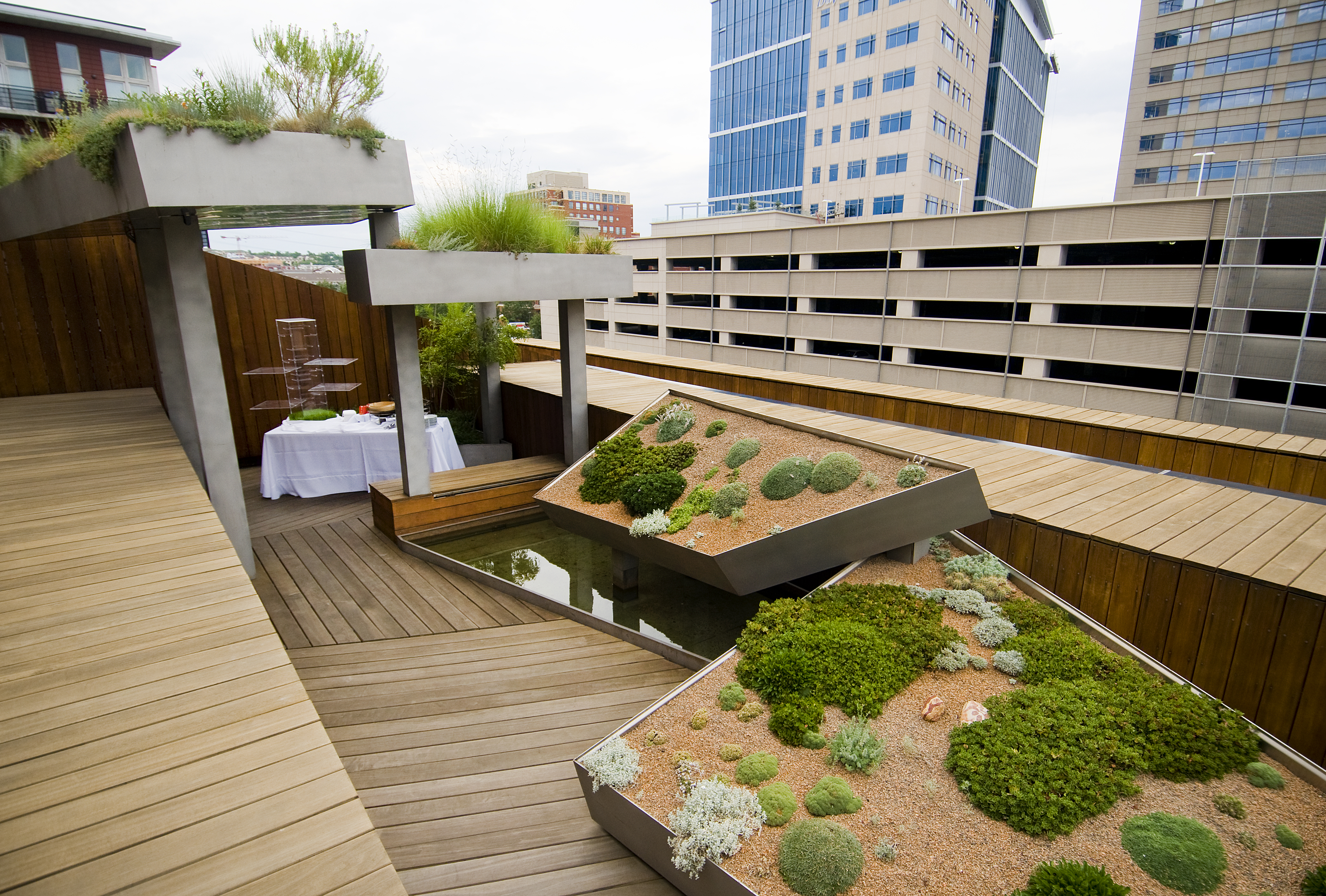 An outdoor garden on a wooden rooftop boasts diverse plants above a small reflecting pool. Below a risen garden is a table with food. In the background are tall buildings and a parking garage. 