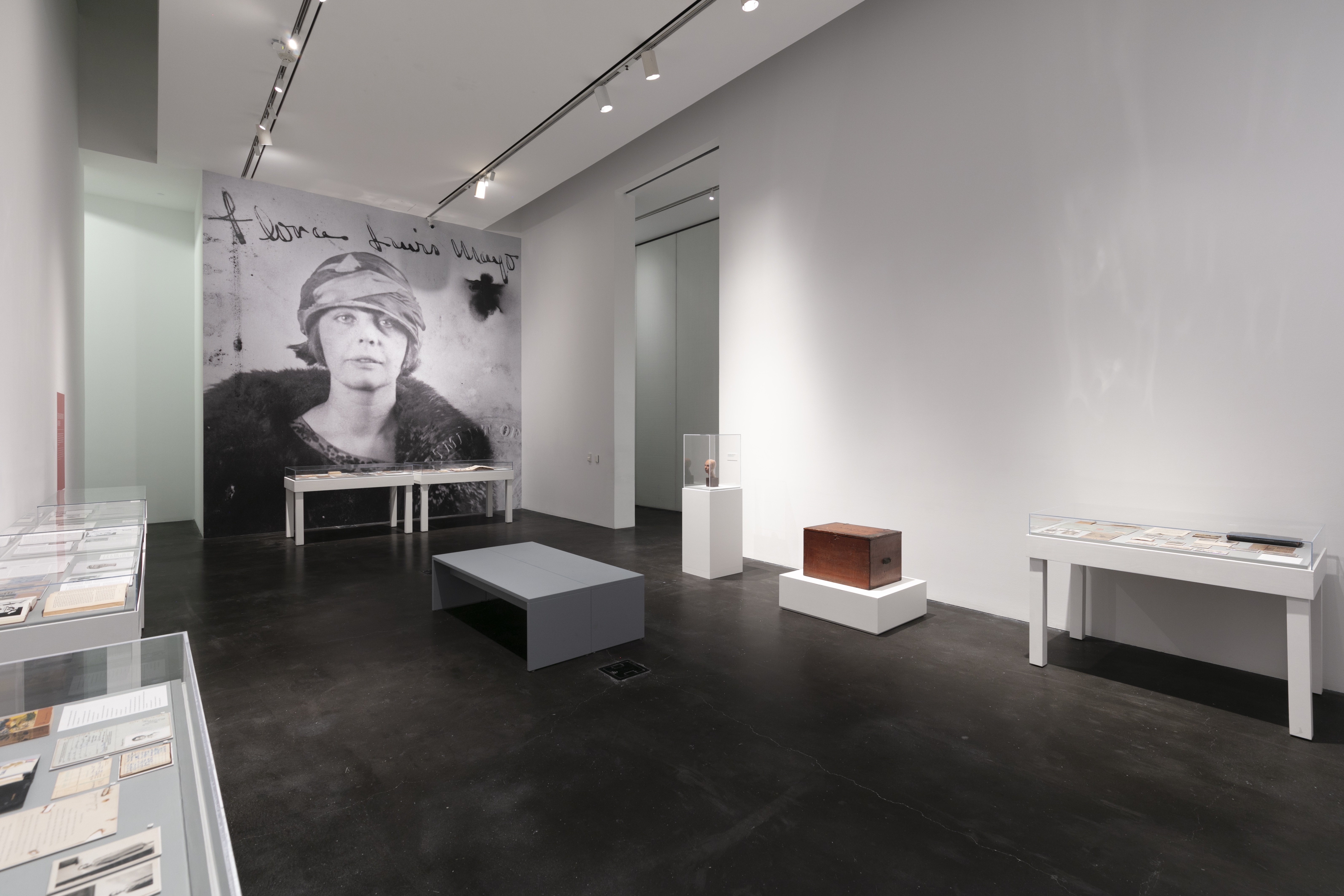 Shot of a gallery space containing several white tables displaying archival materials. The far wall displays a black and white portrait of Flora Mayo. She is wearing a wrap and a fur coat. 