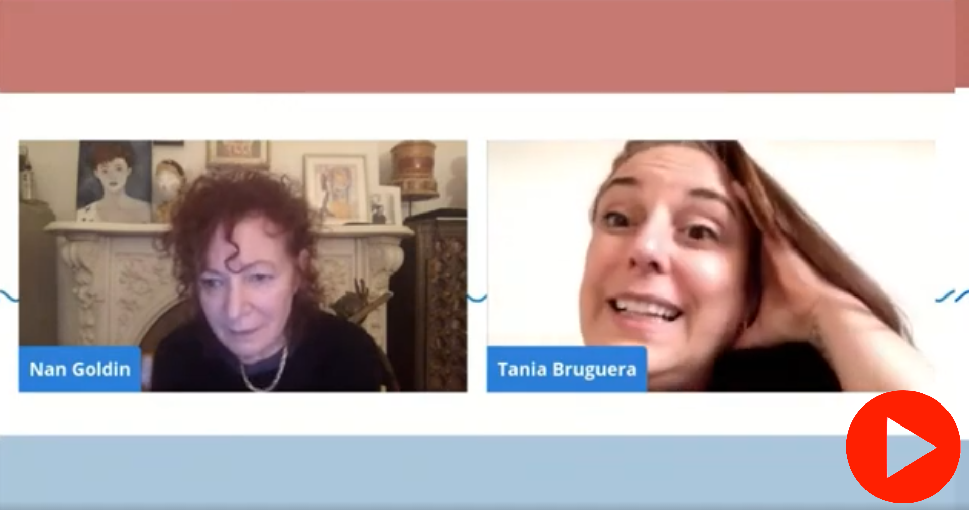 Image of artists Nan Goldin and Tania Bruguera on the a side by side screen as they talk in conversation. They are against a red, white, and blue stripped background.