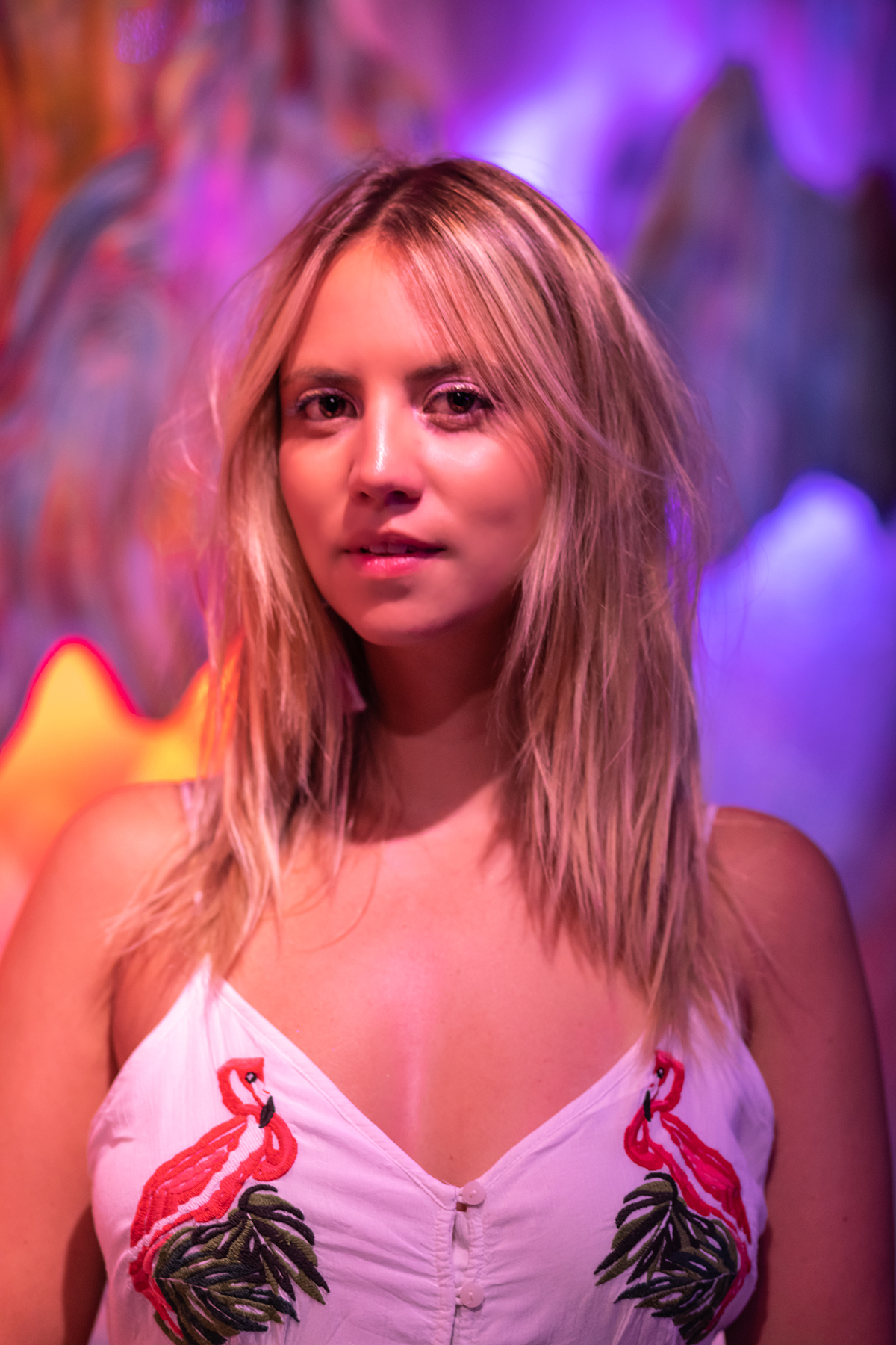 Image of artist Cami Galofre wearing a white top with two flamingos embroidered onto the shirt.  The background is out of focus, purple and orange. 