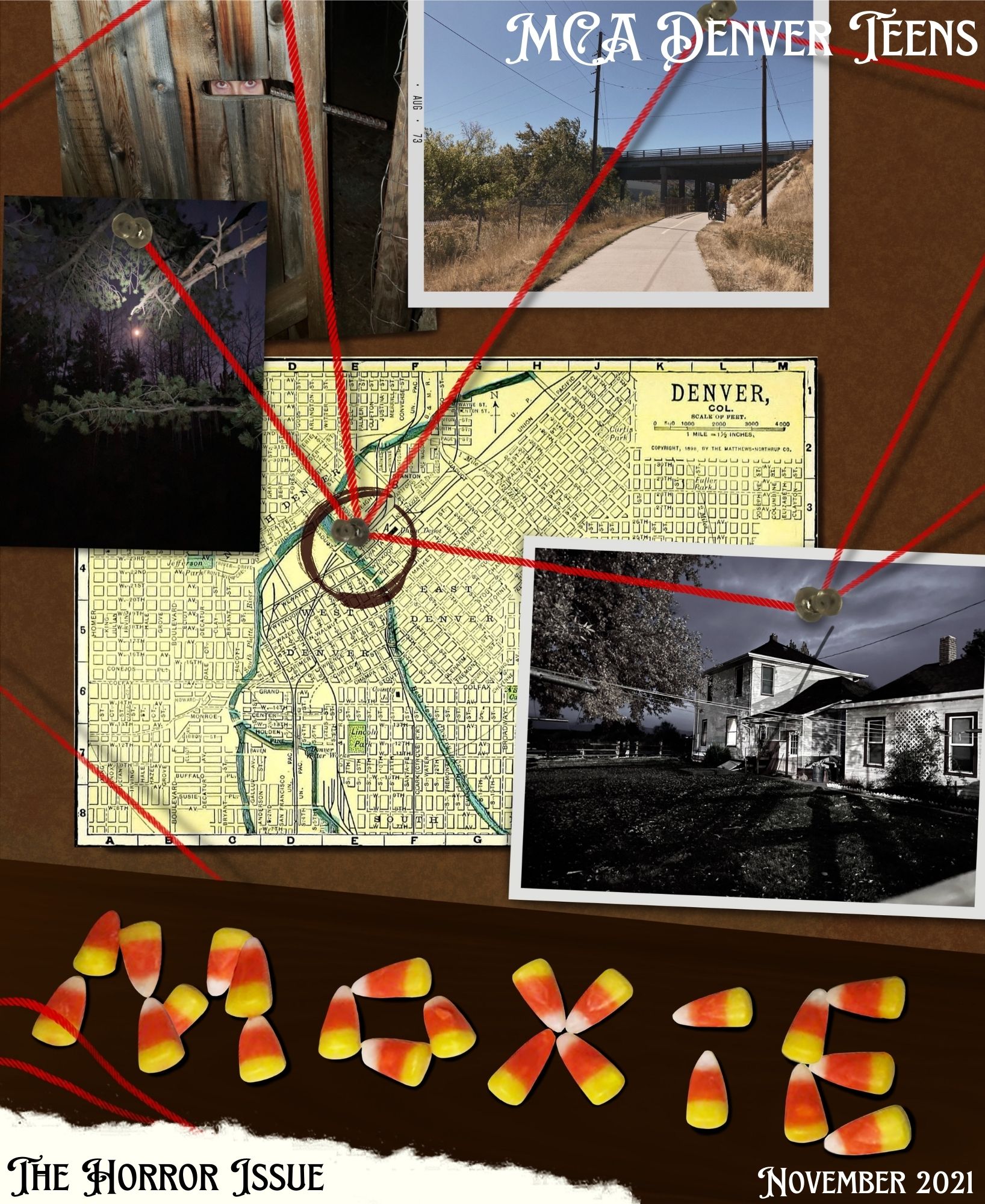 Magazine cover that looks like a collage of media from different sources, pinned to a pinboard and interconnected with string to mark connections. There’s a map of Denver, spooky images of trees and a house, and candy corn that spells “Moxie”. 