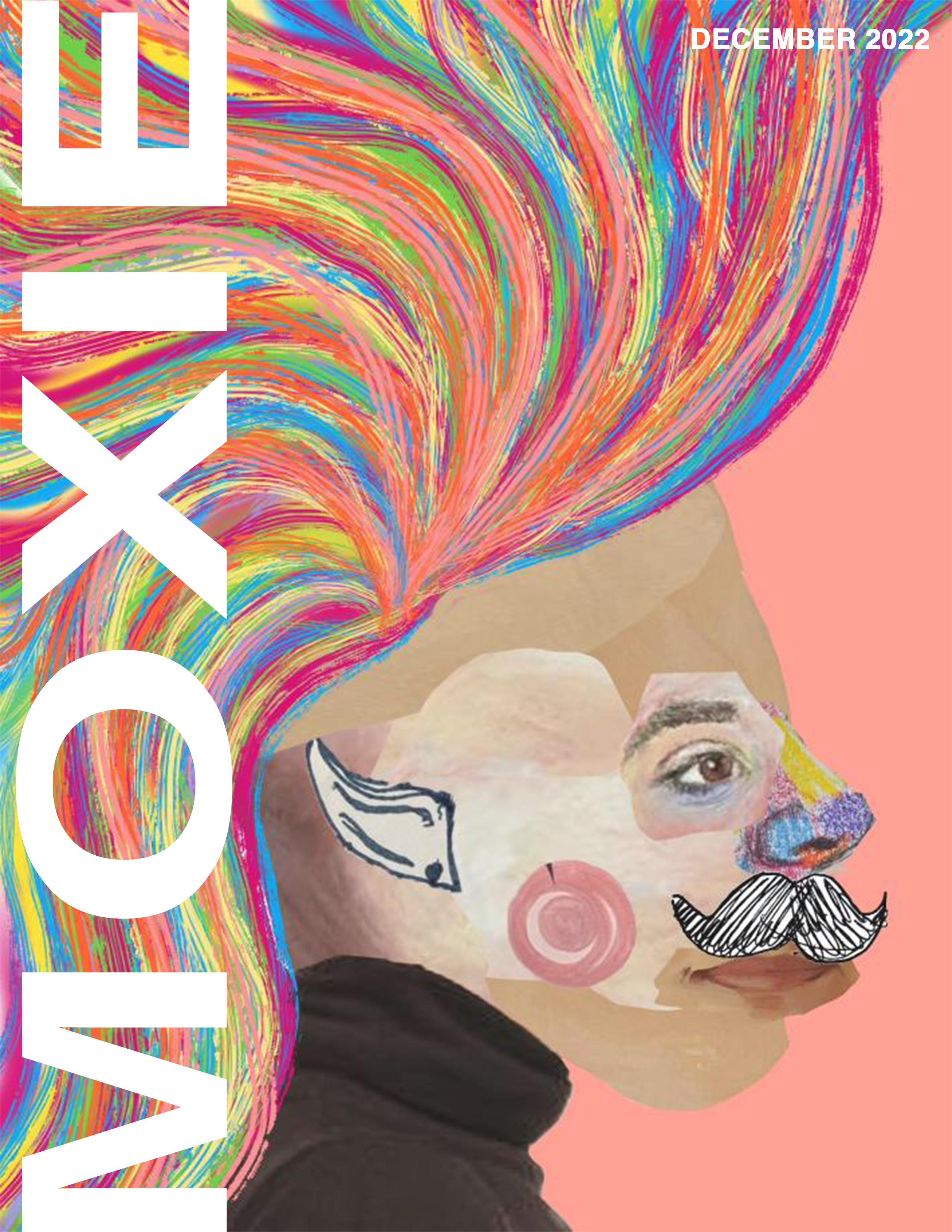 Colorful image of the profile of a figure, made out of collage. White text overlay reads, "Moxie"