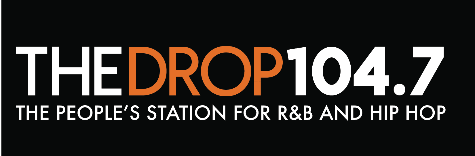 Black, white, and orange logo that reads, "The Drop 104.7"
