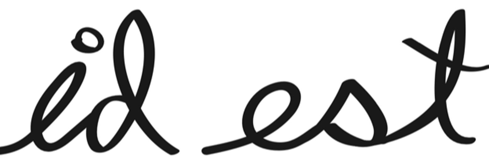 Cursive logo that reads, "id est"