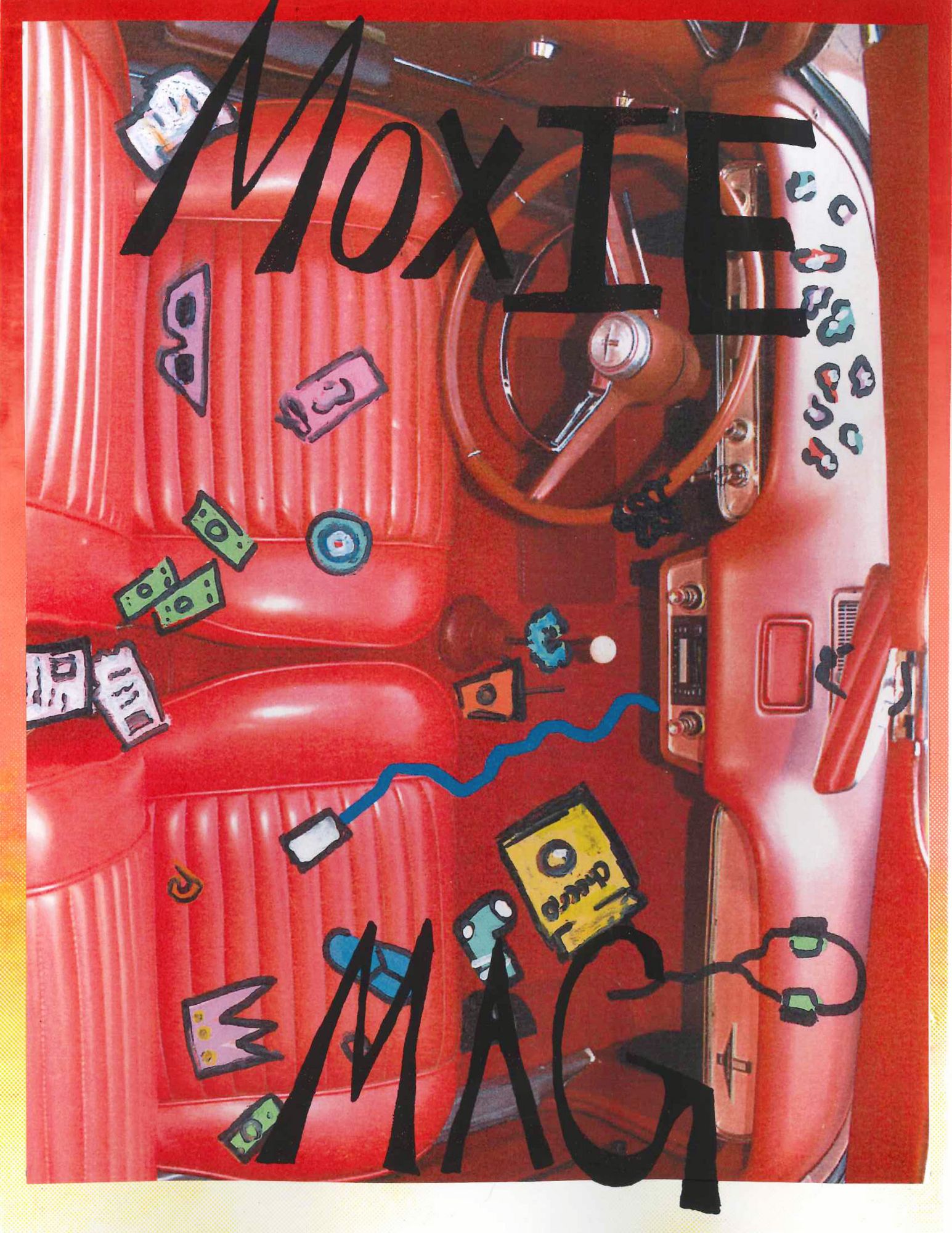 Cover of a magazine that features a bird's eye view of a car with red interior. Text overlay reads, "Moxie Mag".