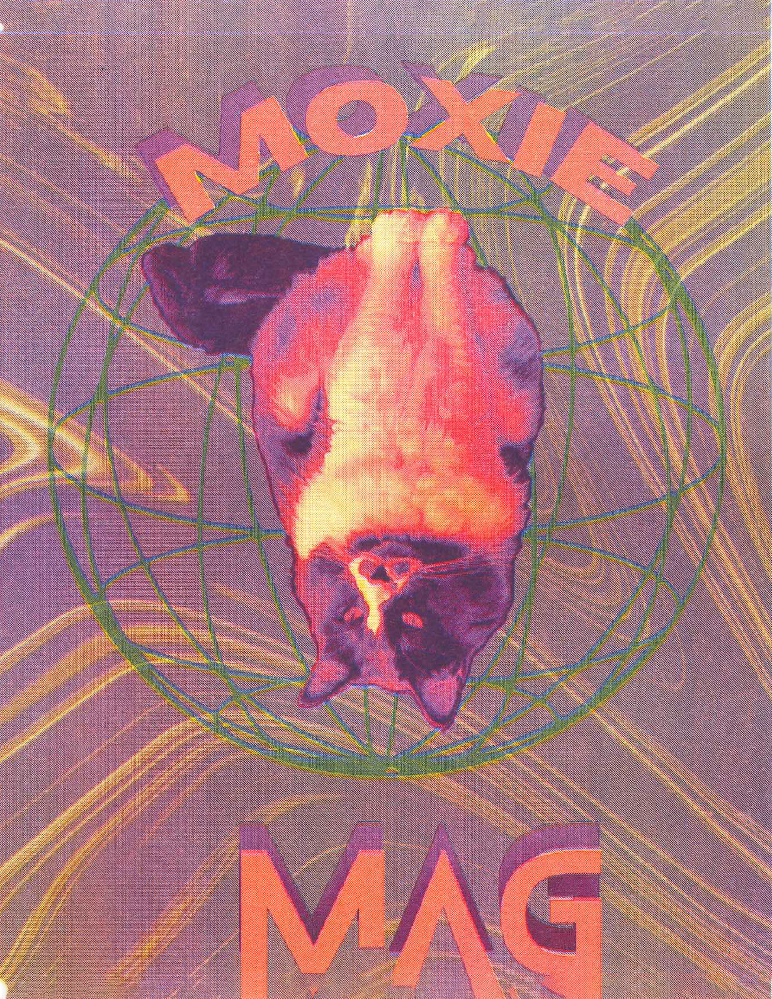 Cover of a magazine featuring a glitchy background and what looks like a cow head. Text overlay reads, "Moxie Mag"