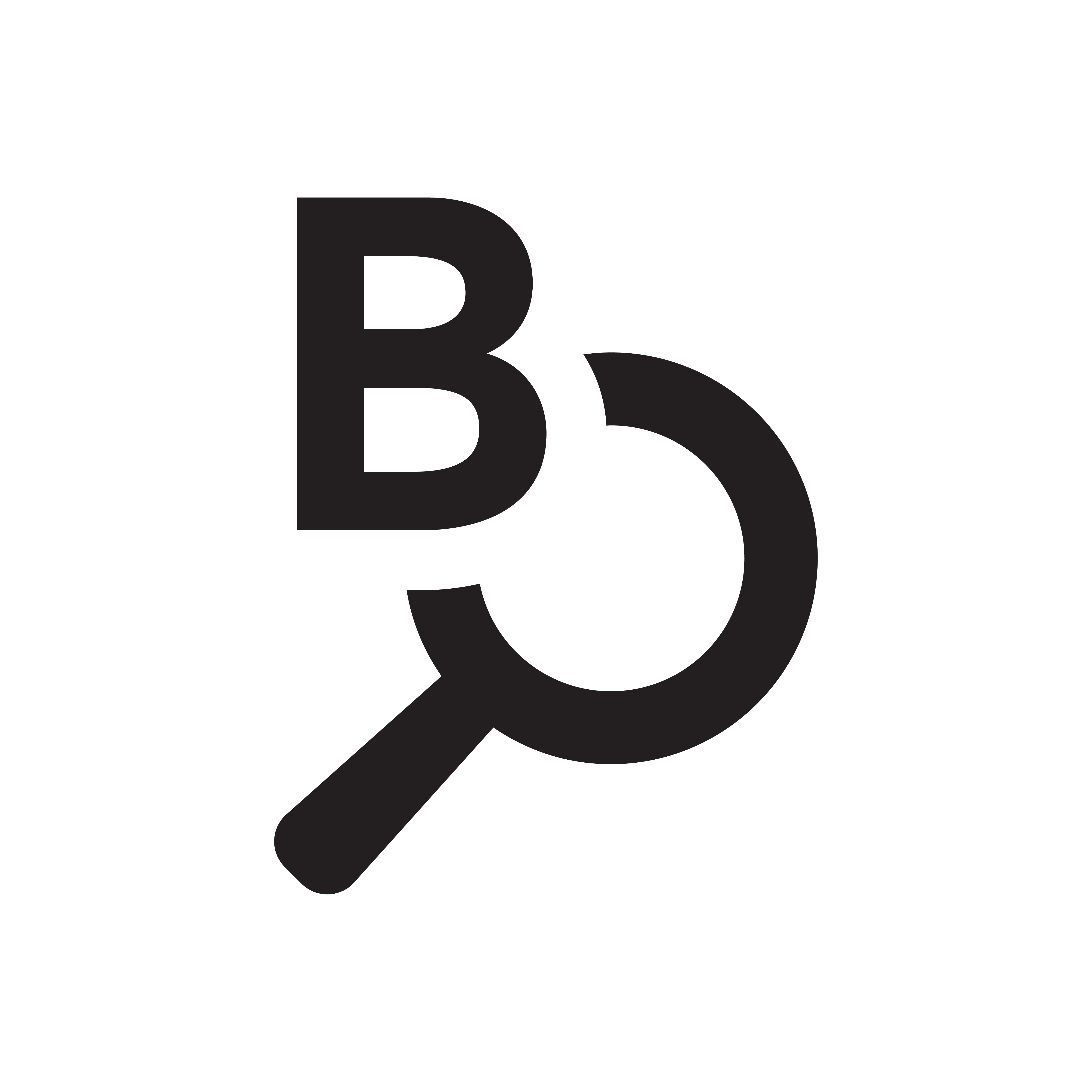 Logo with a "B" and a magnifying glass next to it.