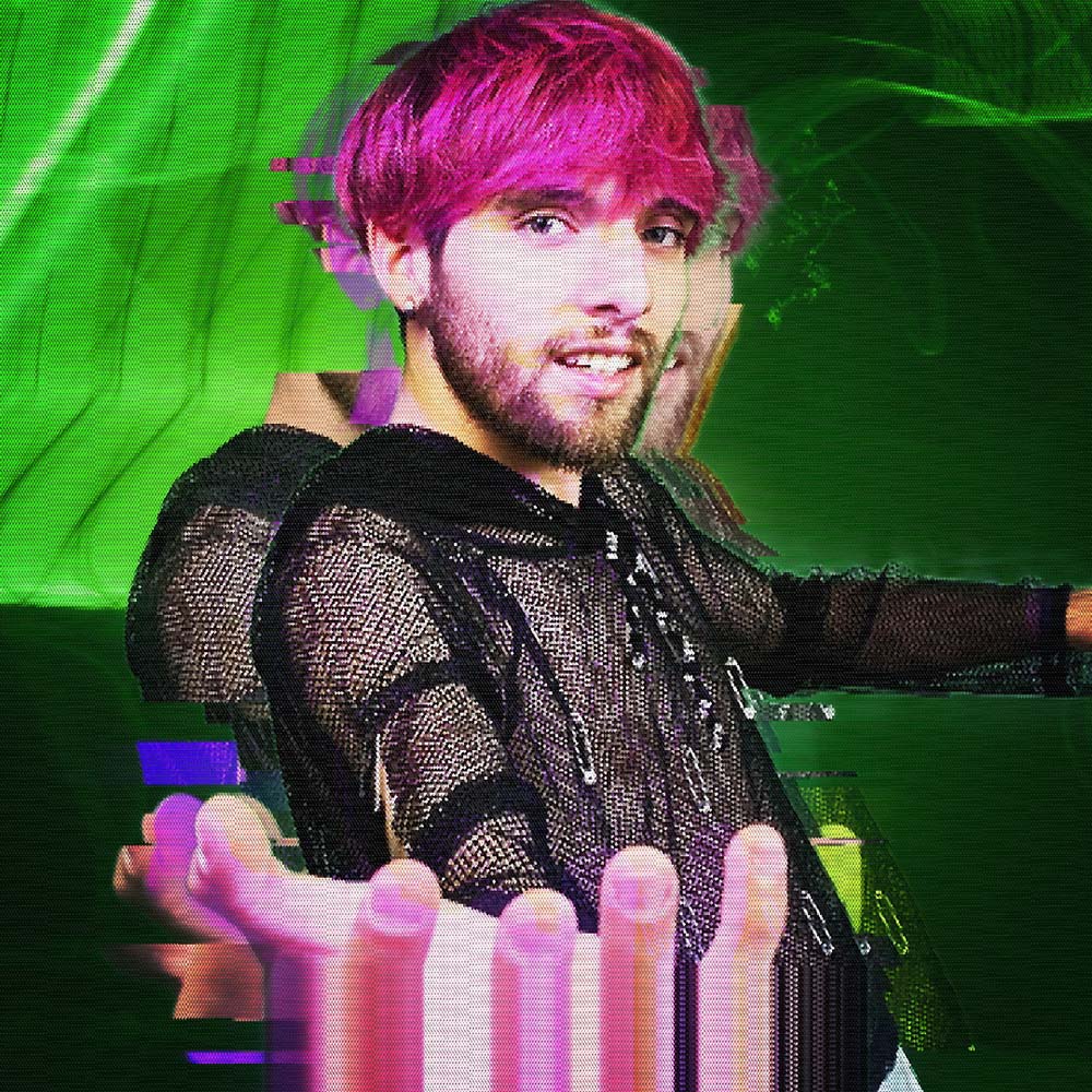 Band photo featuring one person sporting pink hair. They are in front of a neon green backdrop.