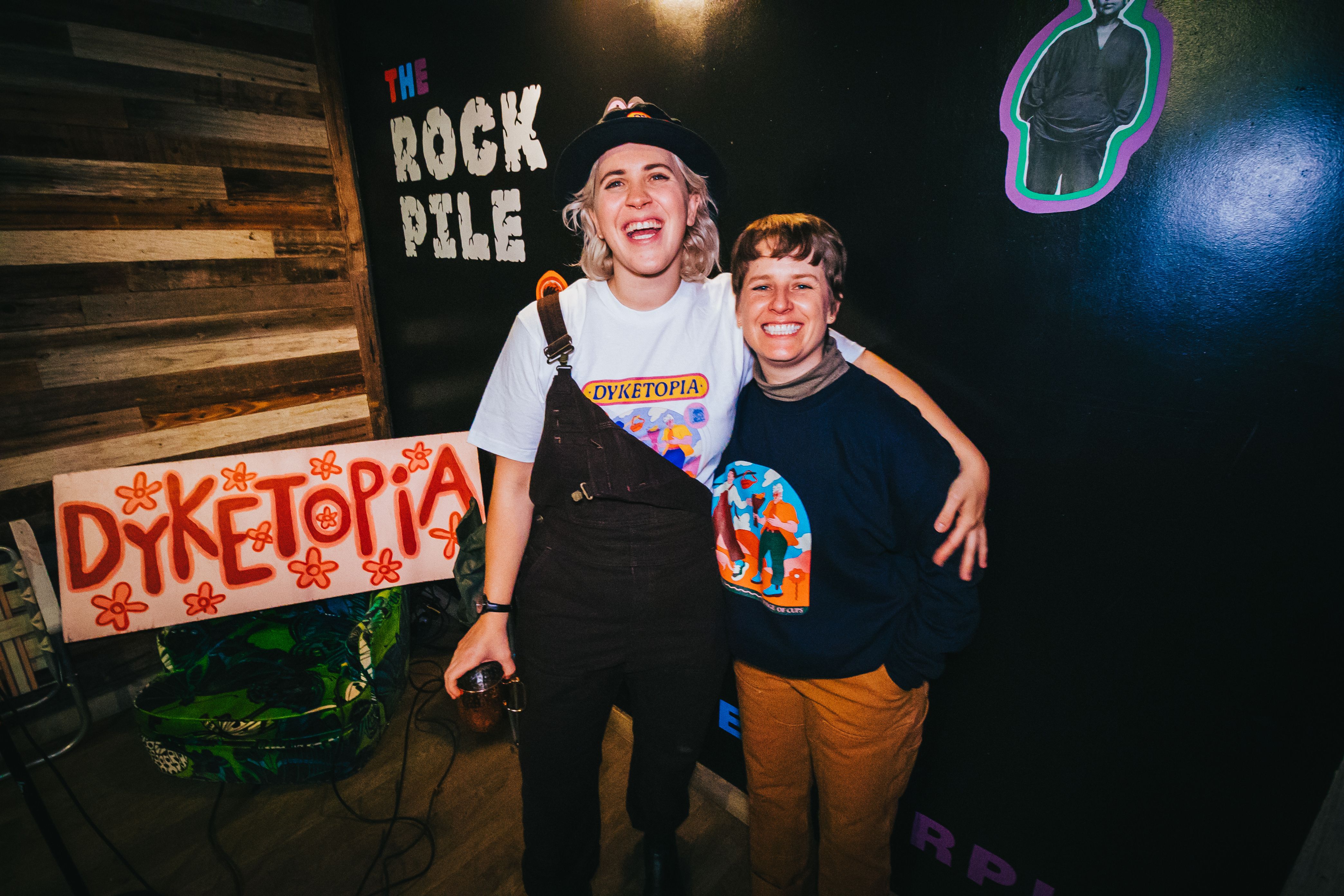 Comedy duo Lee Robinson and Kate McLachlan posing for a photo at a Dyketopia event