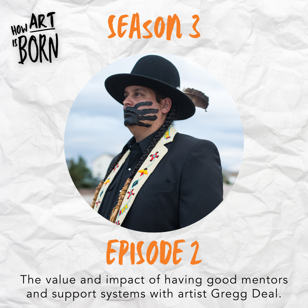 Image with text. A crumpled white piece of paper as background with the text "How Art is Born" in the top left corner. Also shown is a portait of artist Gregg Deal wearing a black full brimmed hat, and black suit with Native American bead designs on the lapel of the jacket. 