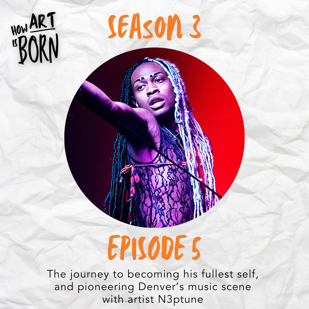 Episode art for How Art is Born Season 3 Episode 5 featuring musical artist N3ptune. N3ptune is wearing a lacey black tank top. His hair is styled in black and silver long braids.
