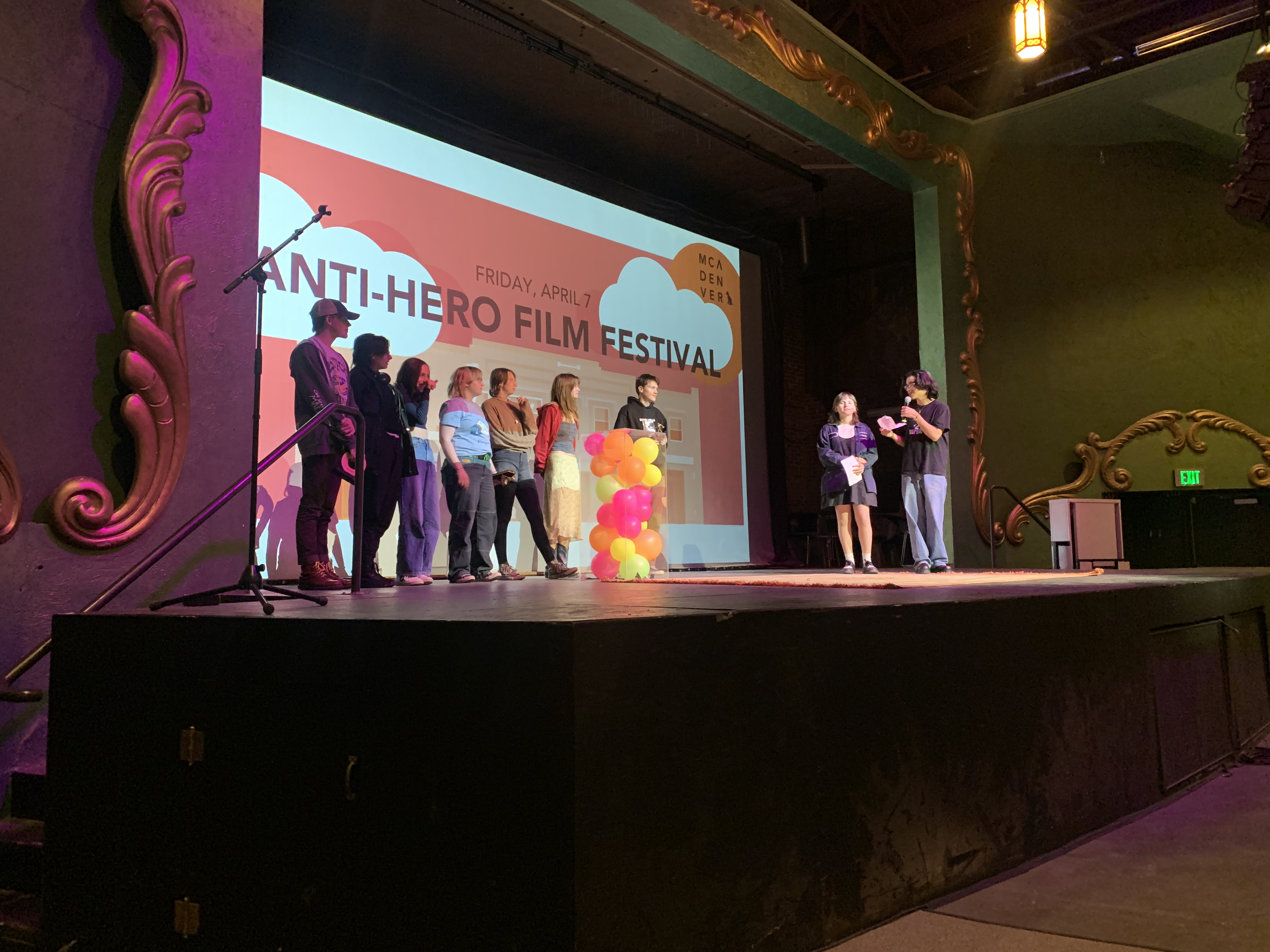 teen filmmakers on stage at the holiday theater for the anti hero film festival