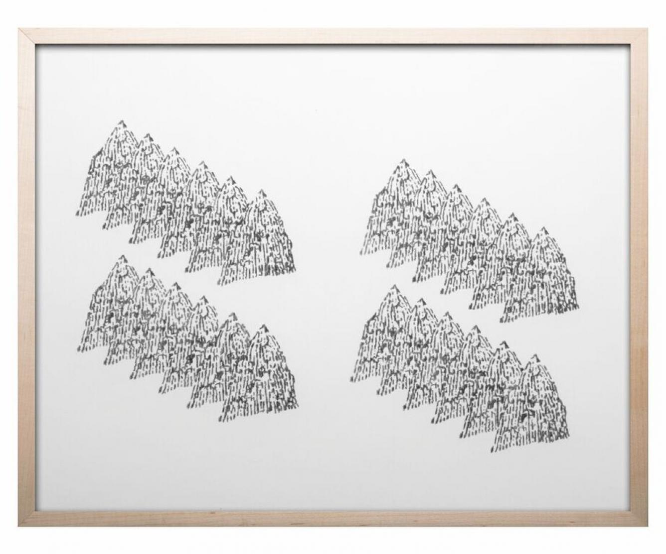 Carbon on paper artwork by Chris Oatey depicting an abstracted landscape in black, white, and gray.
