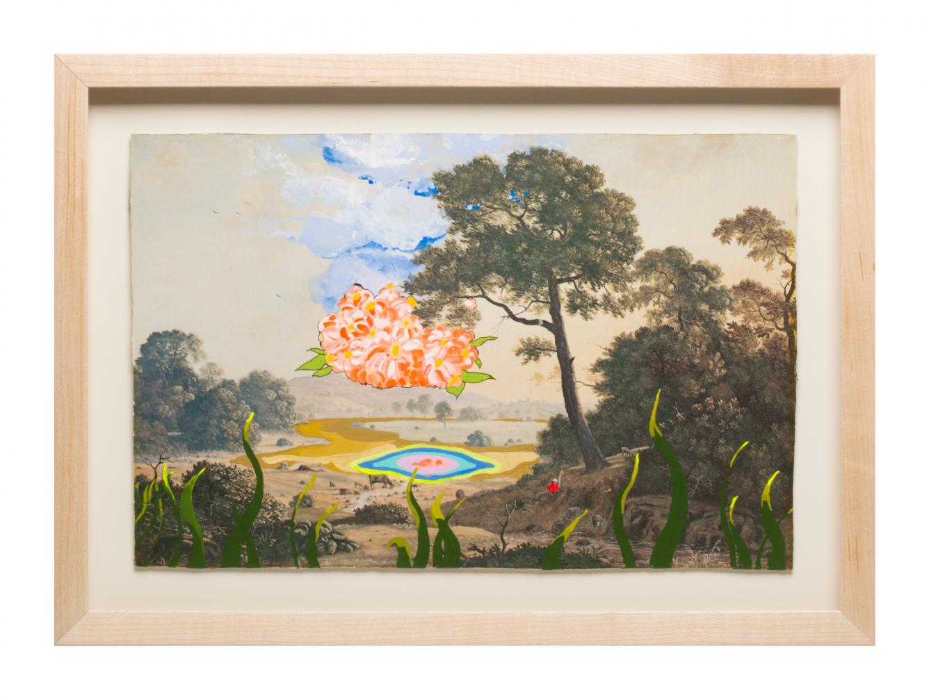 Painting on vintage print that depicts a scenic, colorful landscape image.