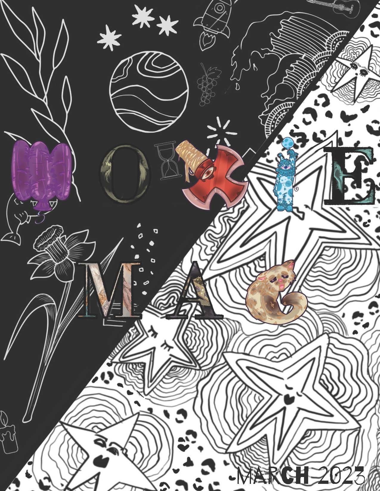Black and white digital magazine cover that has doodles of stars, flowers, leaves, and other objects on it. In collaged letters, text on the center reads, "MoxieMag"