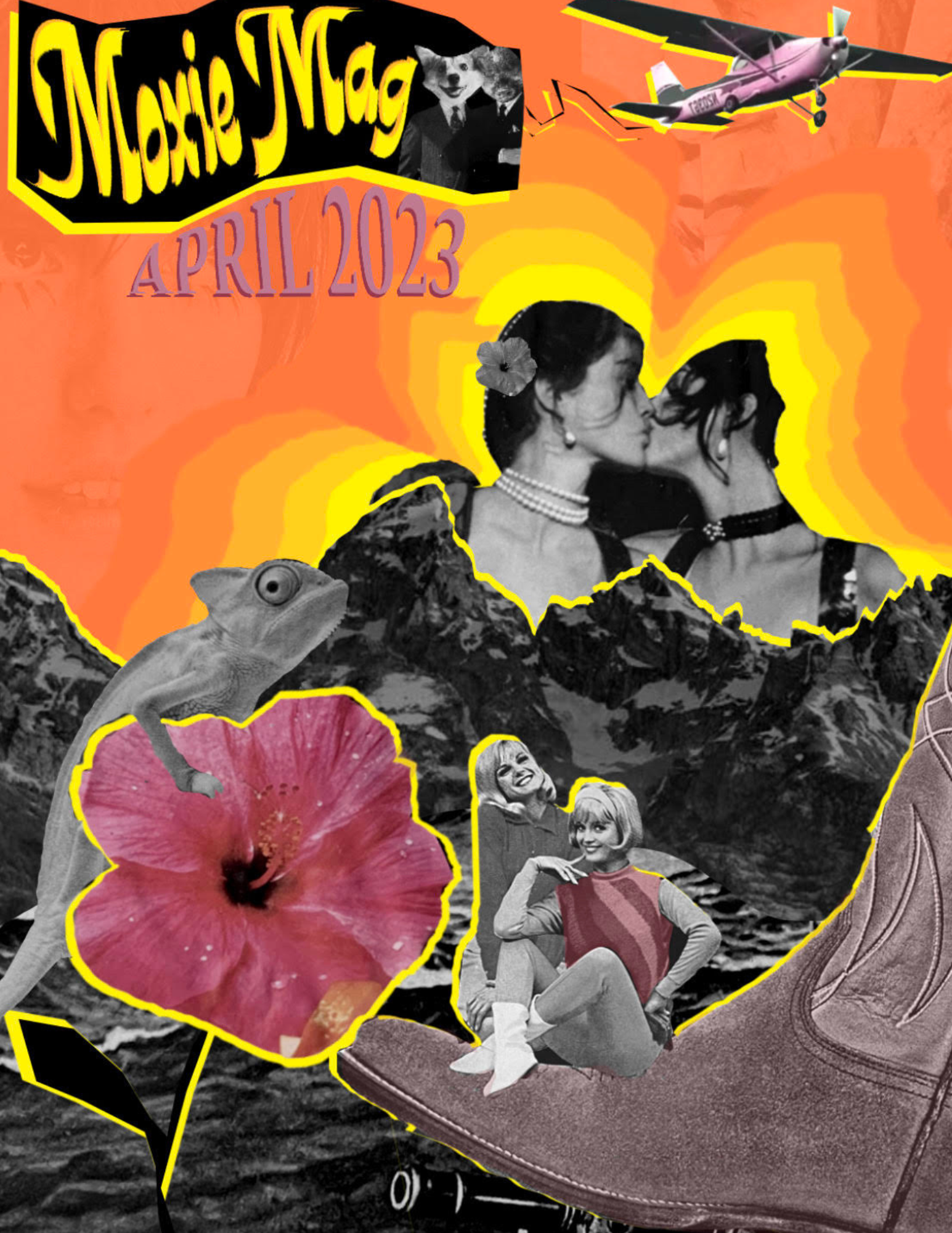 Colorful, collaged cover of a teen digital publication. Text reads, “MoxieMag” and “April 2023” on the top left. There are different subjects collaged on the cover: two figures kissing on top of a mountain, two figures sitting on a large cowboy boot, a plane, and a chameleon on a pink flower. 