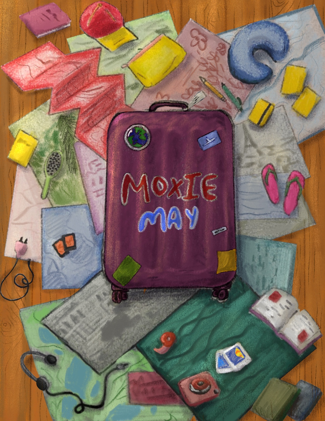 Teen magazine cover that reads, "Moxie May" on an illustration of a purple suitcase. Behind the purple suitcase are other illustrated objects such as a brush, a book, flip flops, a hat, and maps and pieces of paper.