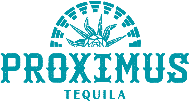 Blue logo that reads, "Proximus Tequila". Above the text is a graphic of a sun.