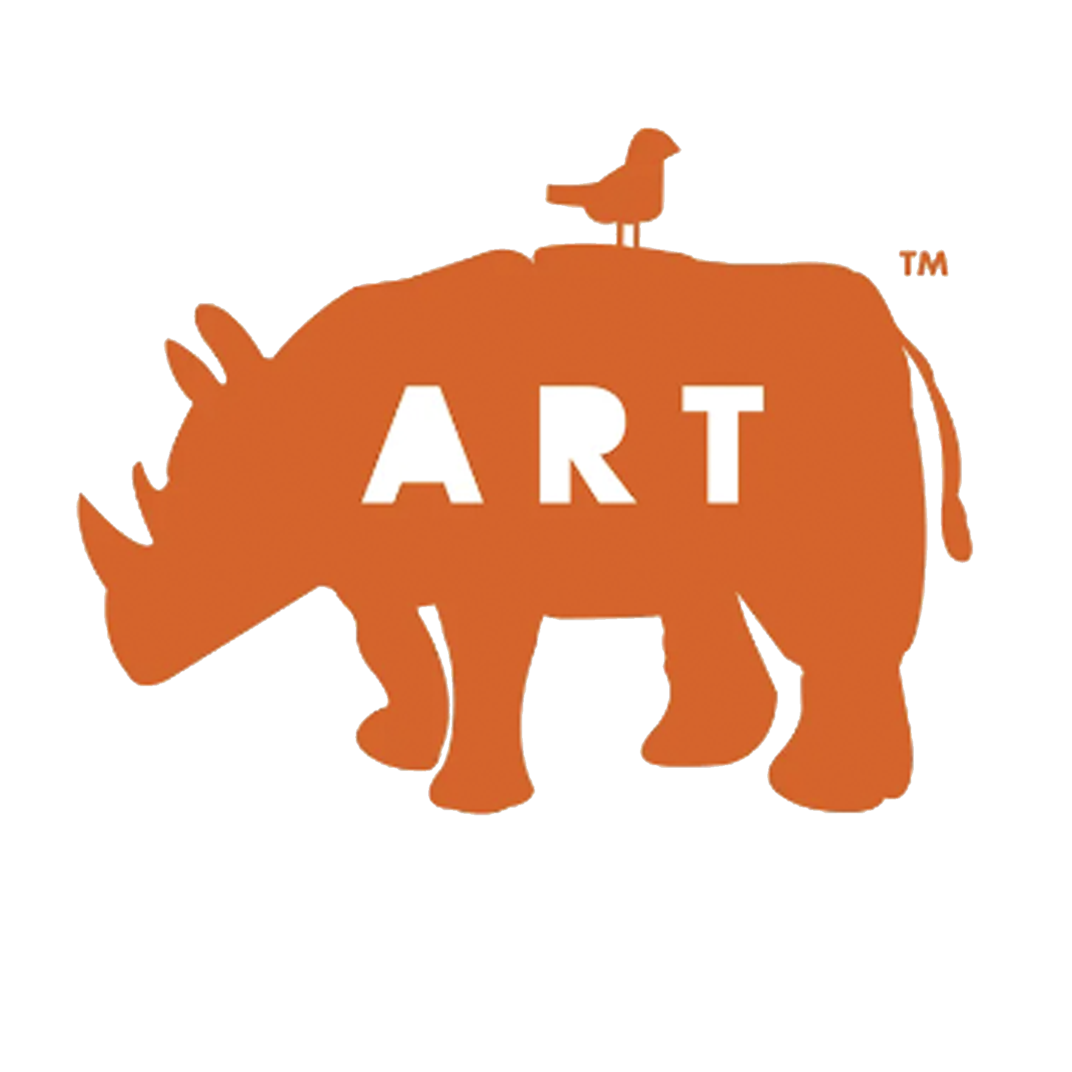 logo for RiNo Art District. A graphic design of an orange rhino with a bird perched on it's back facing the opposite direction (right) 