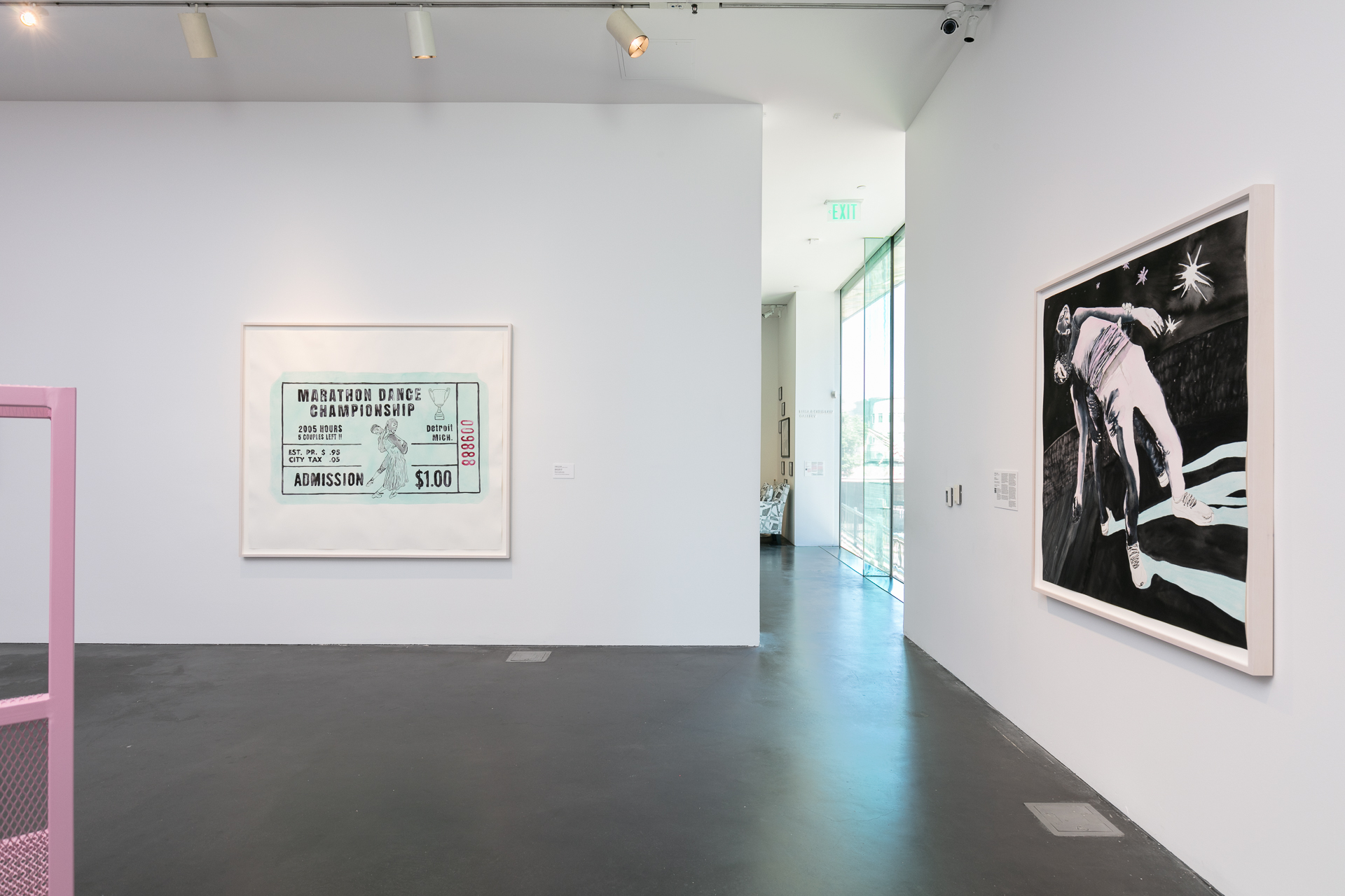 Two watercolor paintings hanging on a white gallery wall. One of the paintings looks like a ticket.