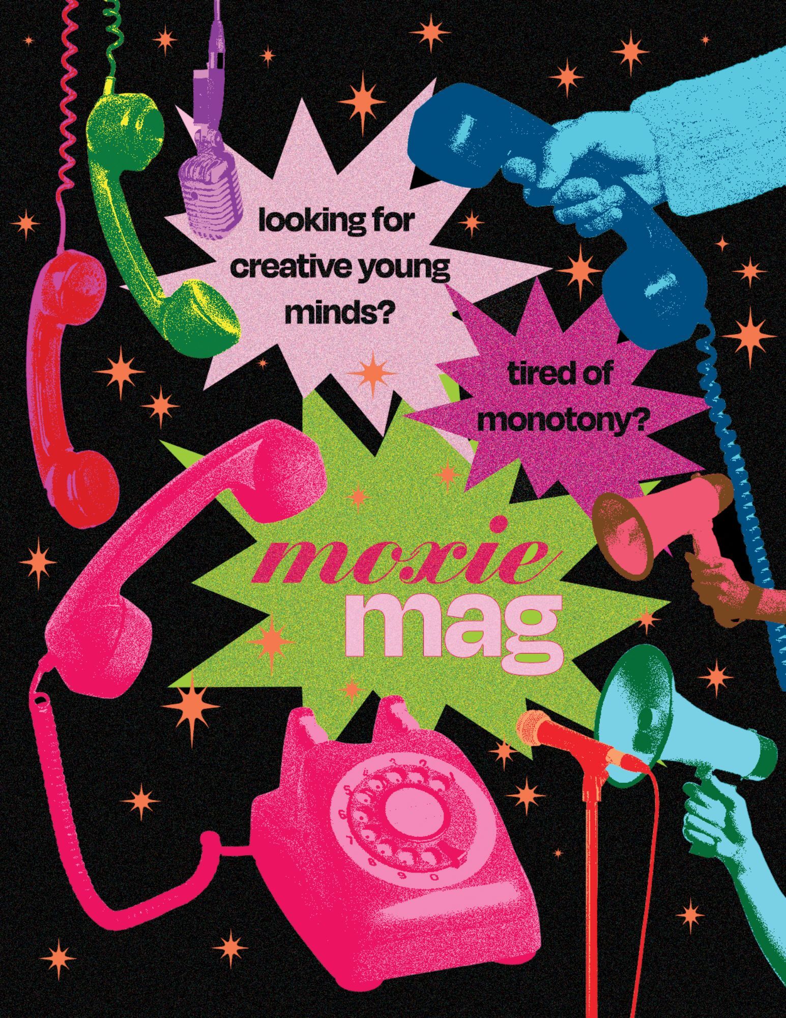 Cover of a magazine that features colorful phones and text that reads, "moxie mag"