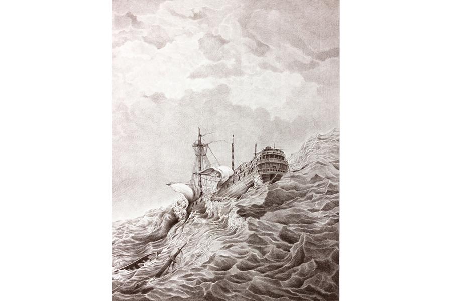 Greyscale colored pencil illustration of a wooden ship fighting against rough seas. 