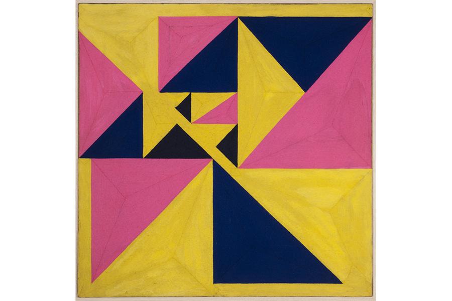 Abstract patterns composed of triangles in purple, pink, and mustard yellow. 