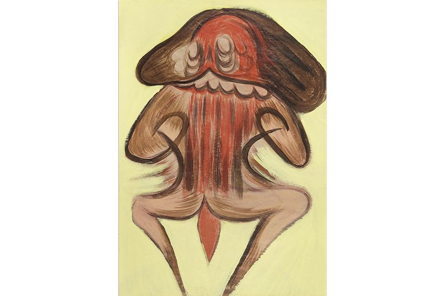 An abstract depiction of a humanoid subject. Its head resembles a mushroom, its arms resemble noses. 