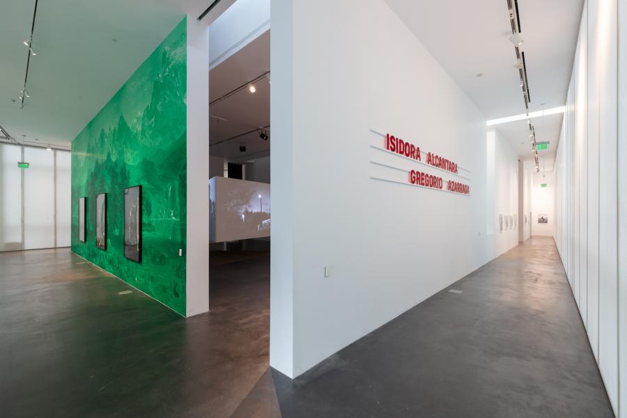 Gallery featuring large framed artworks on a wall wrapped in a green landscape vinyl. In view is a hallway that features red text on the wall. Also in view is another gallery with a large video projection in the center of the room.