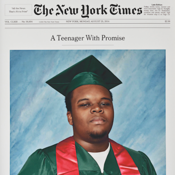 A New York Times headline reading A Teenager with Promise. An image of the late Michael Brown is in a green graduate gown and cap with a red stol in front of a blue background. He looks softly into the camera. 