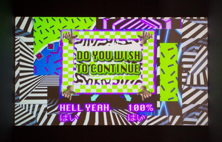 A colorful graphic evoking 90's design. Text reads: Do you wish to continue? Hell yeah 100$